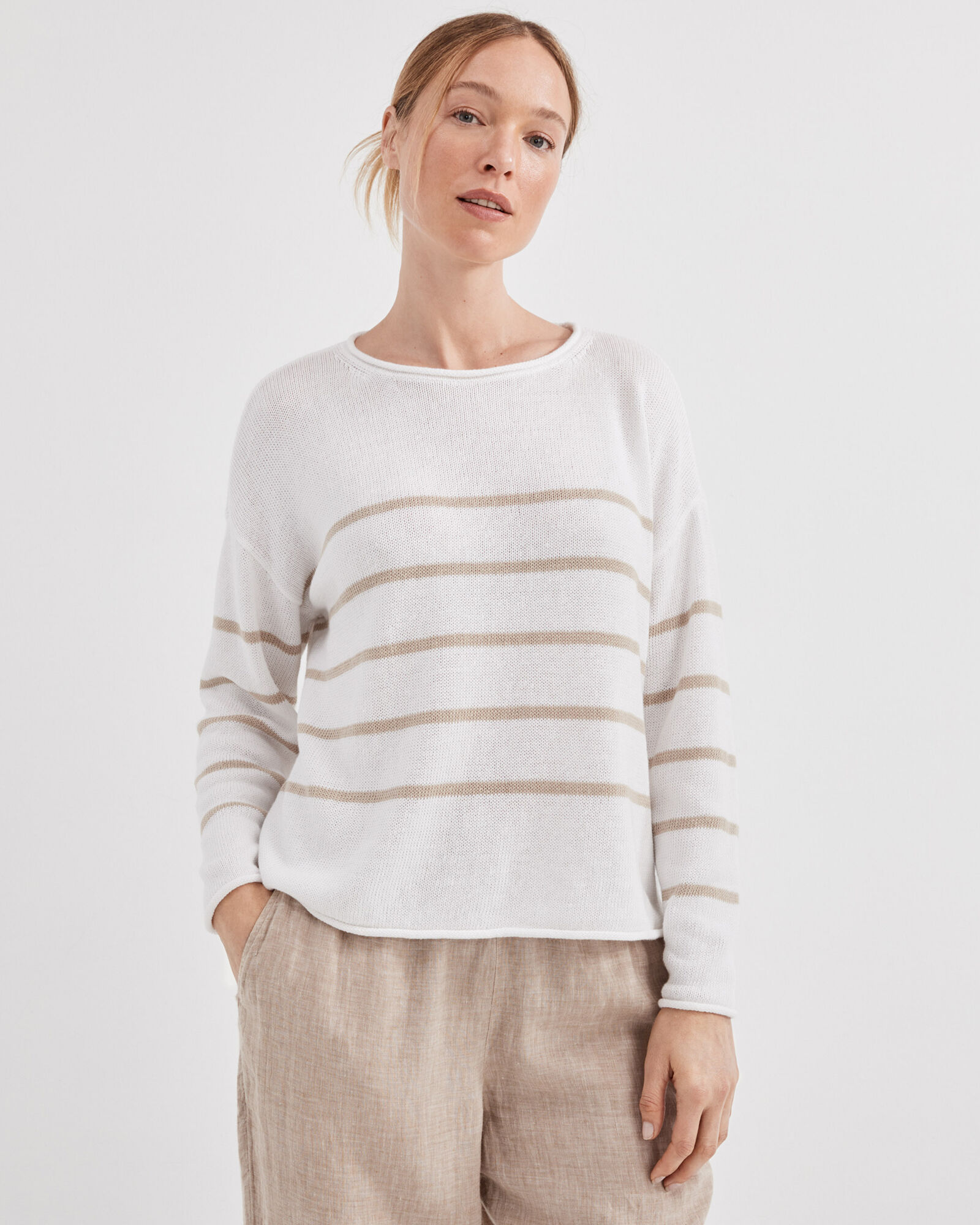 Linen Cotton Roll Neck Striped Sweater
