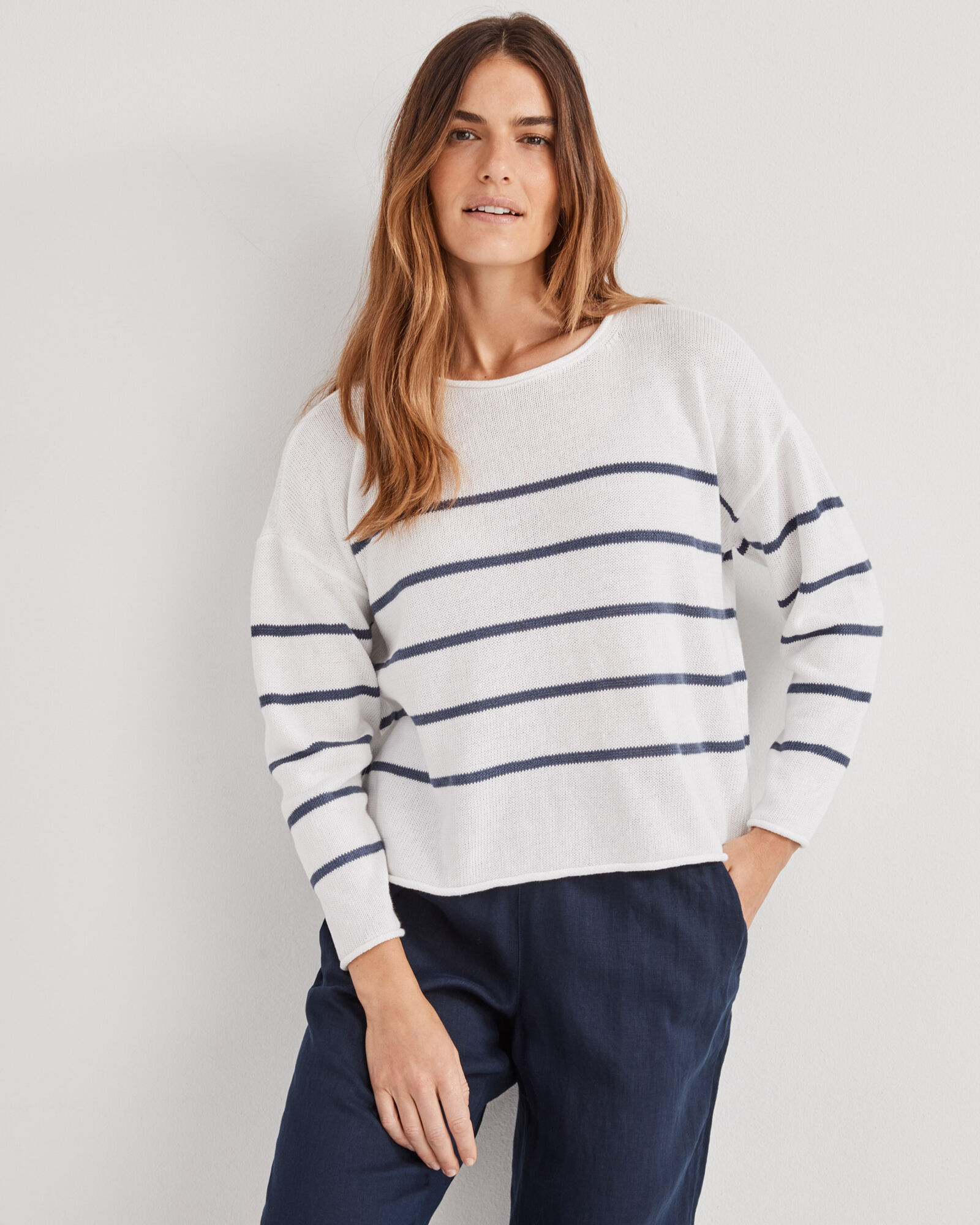Linen Cotton Roll Neck Striped Sweater