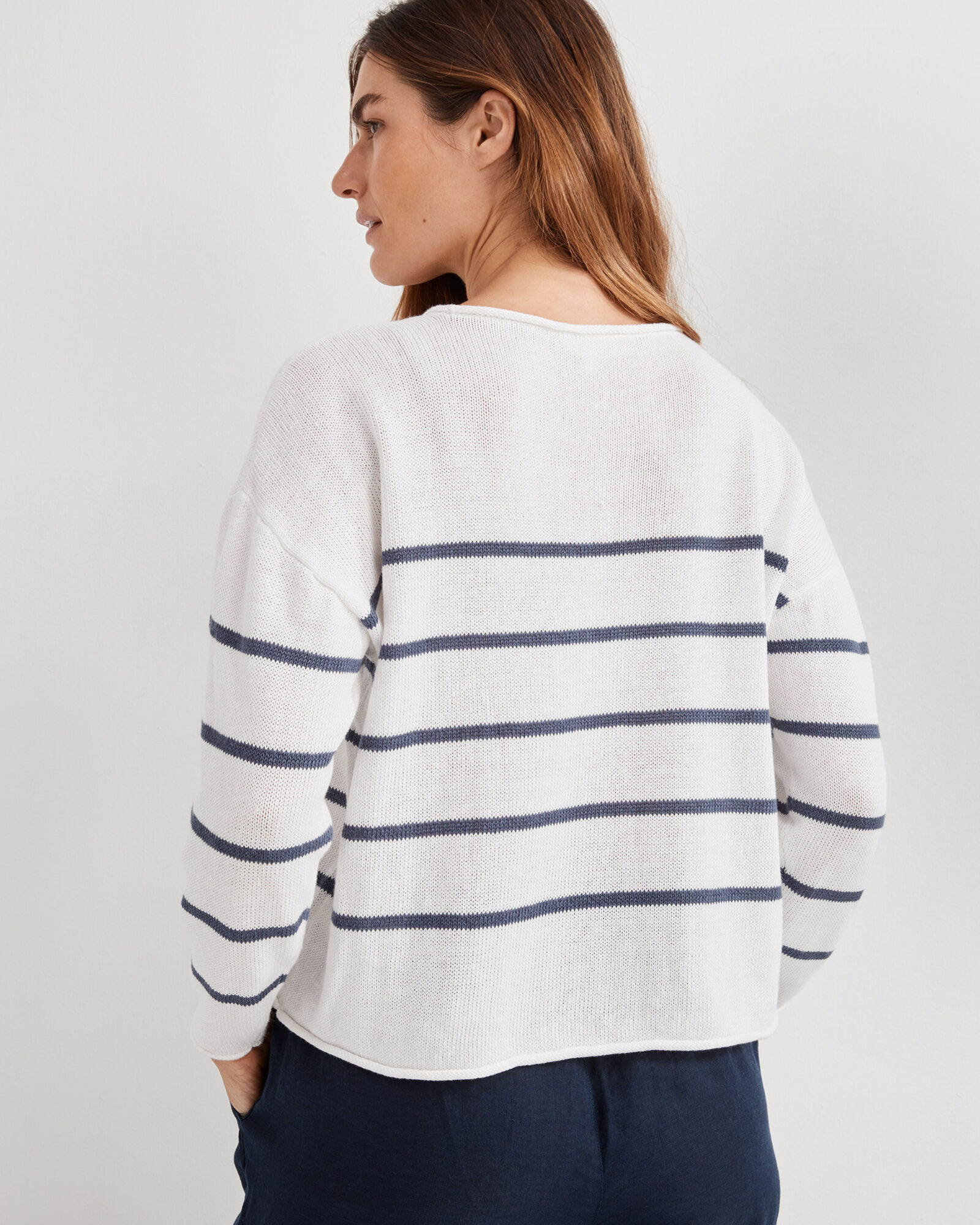Linen Cotton Roll Neck Striped Sweater