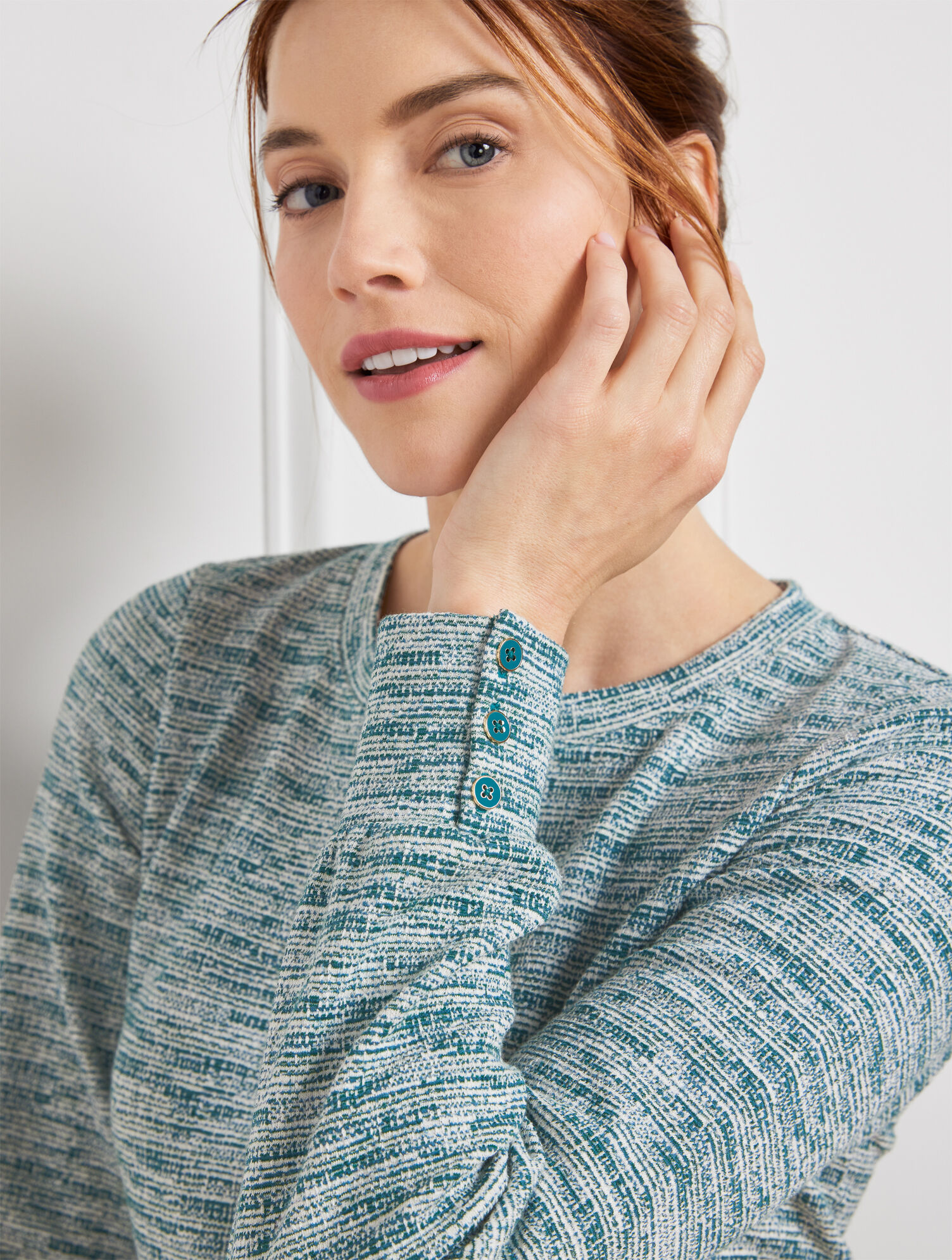 Jacquard Button Cuff Top