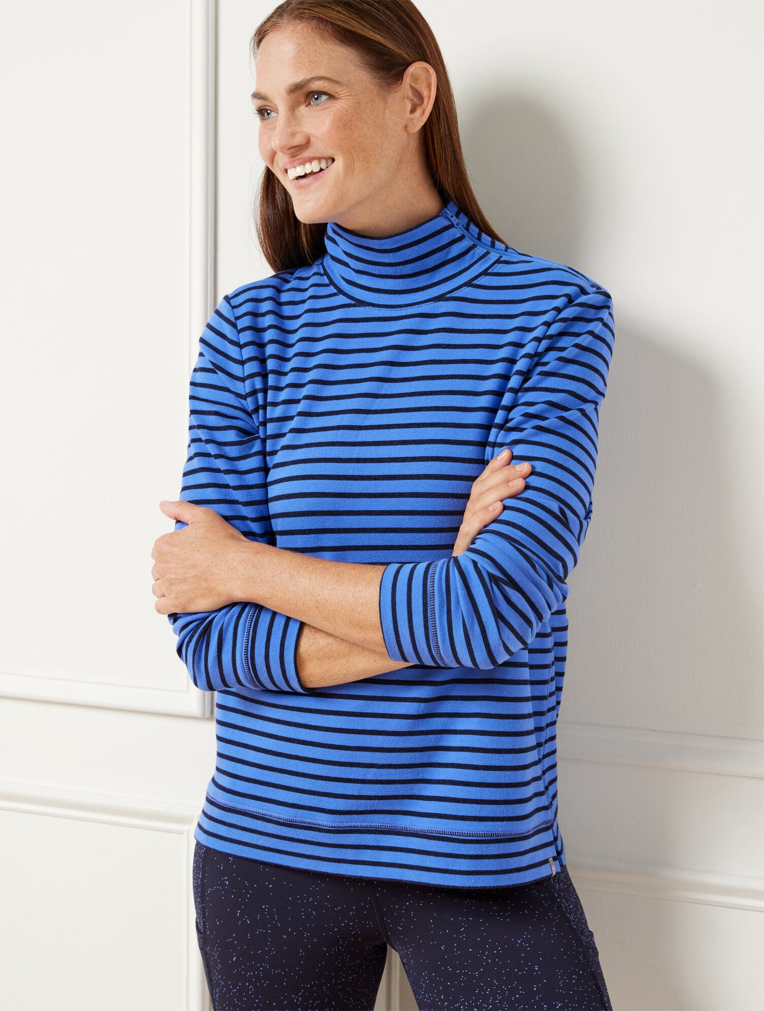 Asymmetrical Zip Mockneck Pullover - Pine Stripe