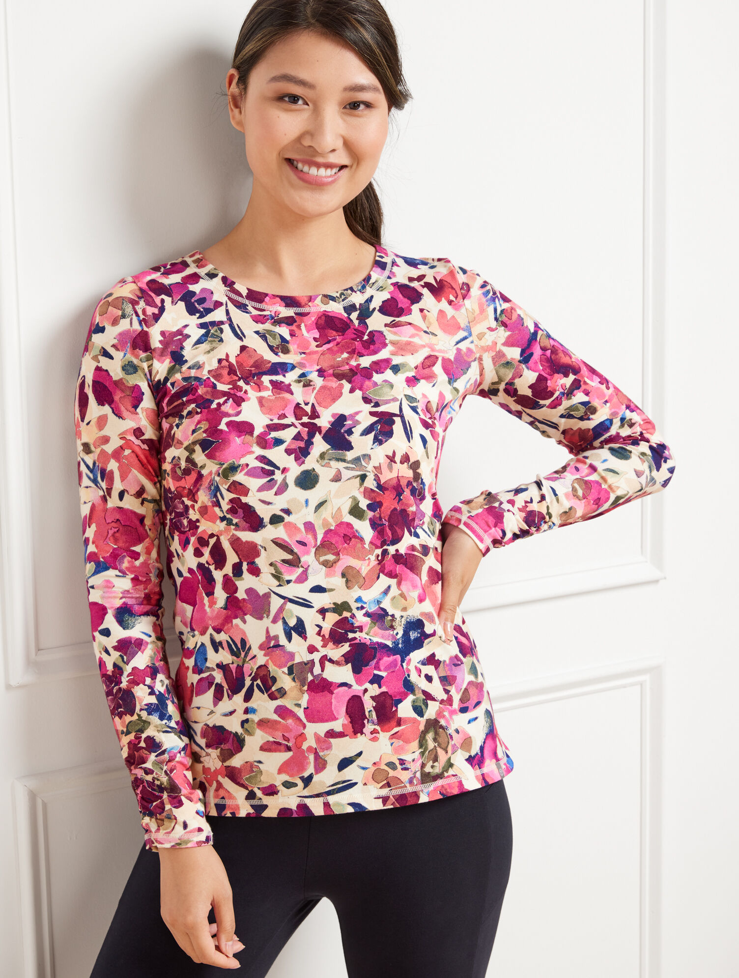 Supersoft Jersey Ruched Sleeve Tee - Watercolor Blooms