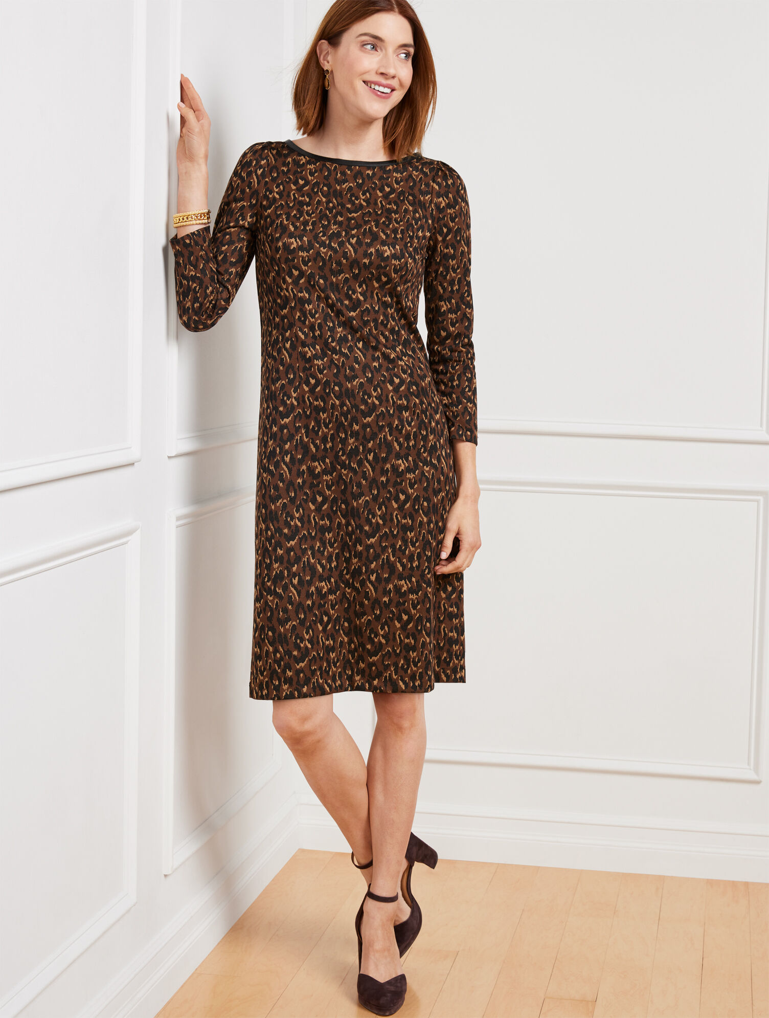 Faux Leather Trim A-Line Dress - Fall Leopard