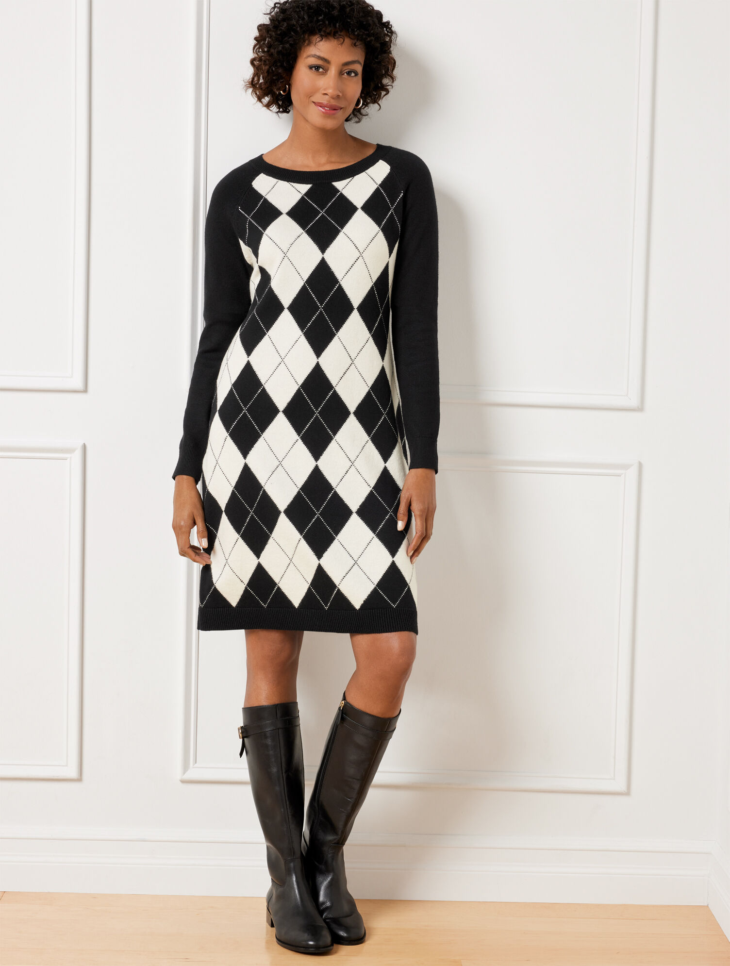 Long Sleeve Sweater Dress - Argyle
