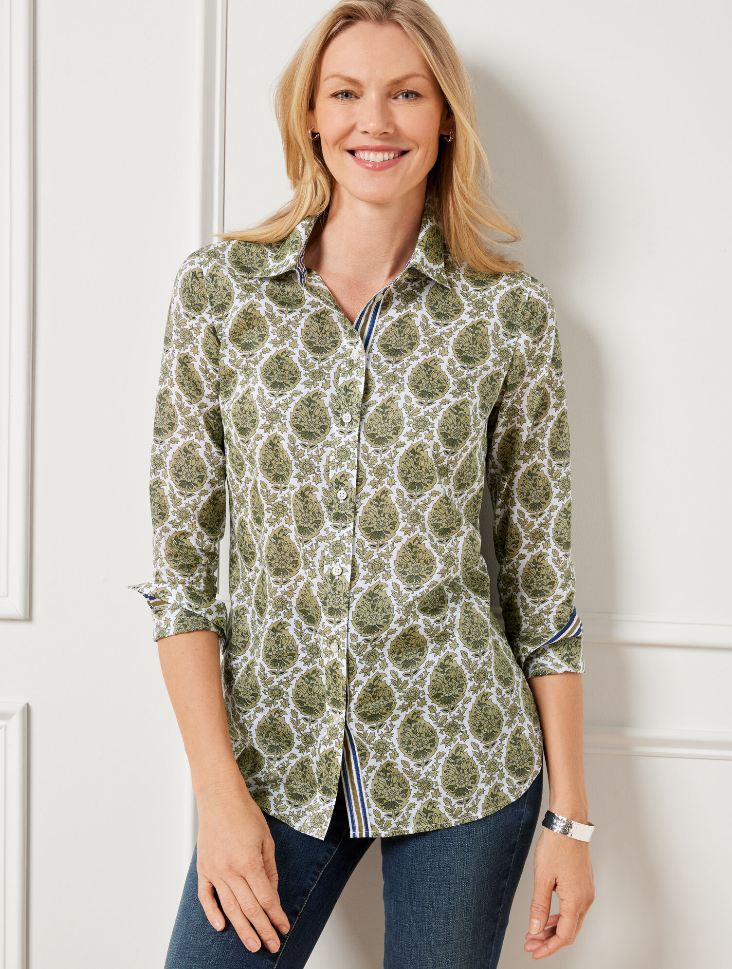 Cotton Button Front Shirt - Ditsy Leaf