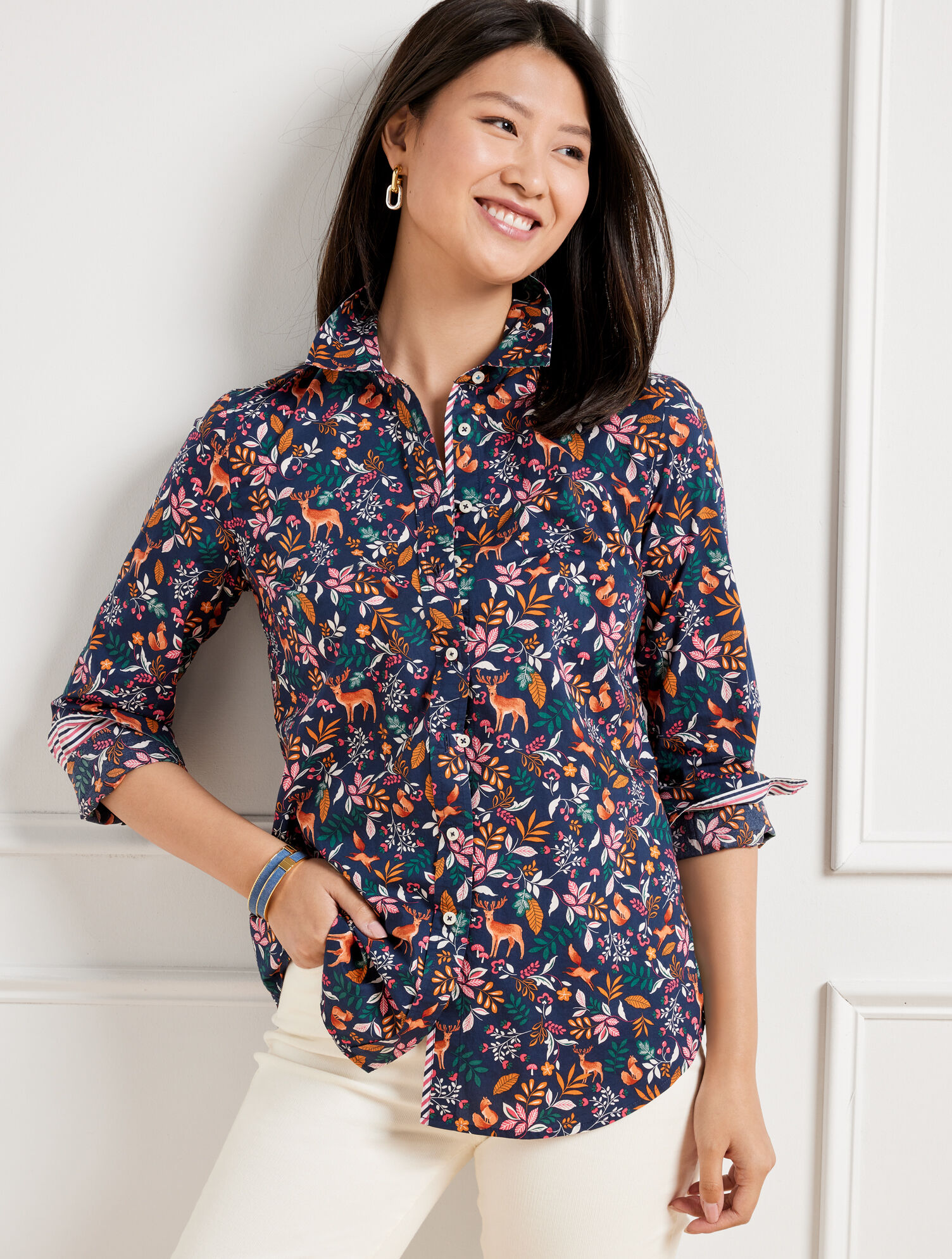 Cotton Button Front Shirt - Woodland Ditsy