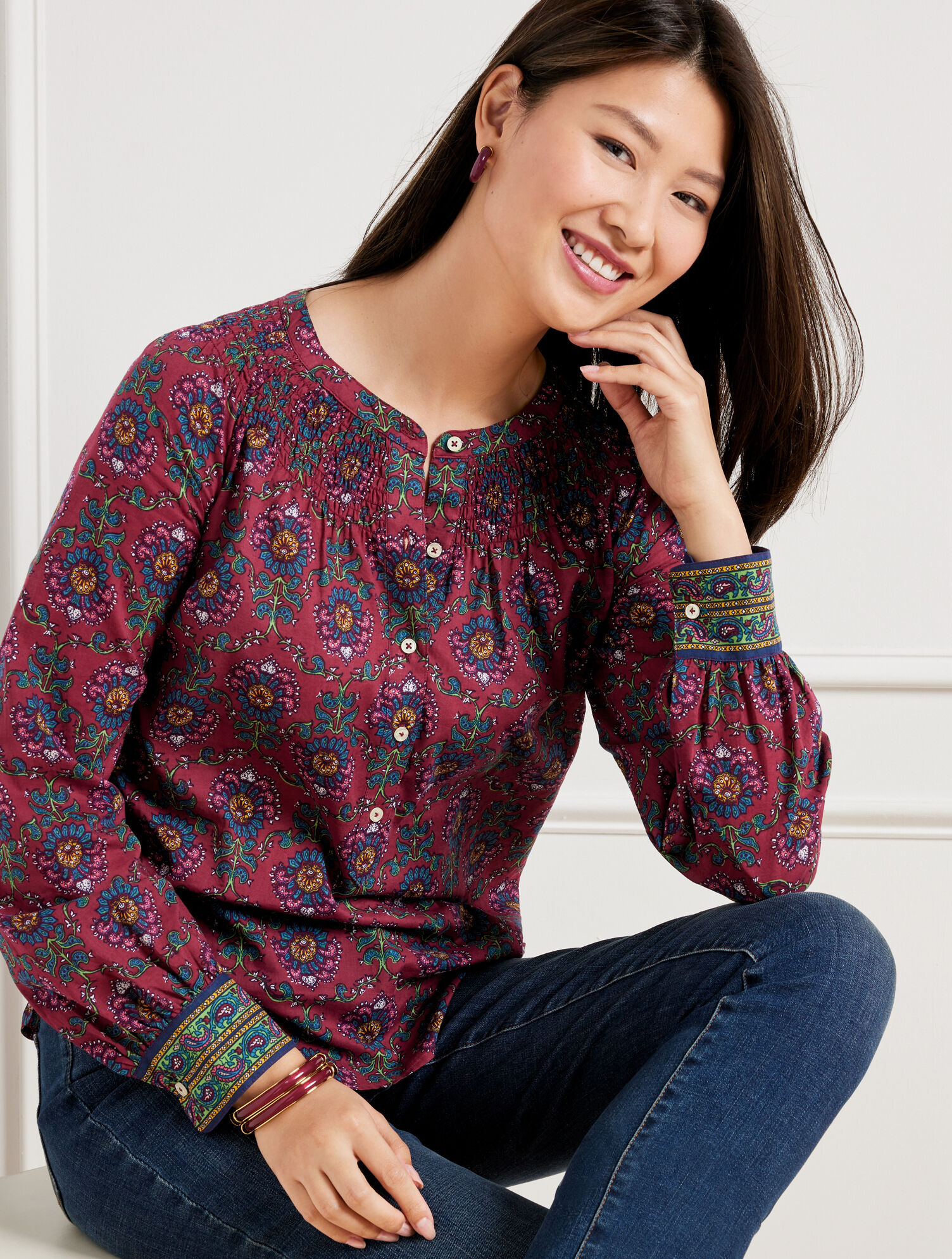 Smocked Blouse - Peacock Medallion