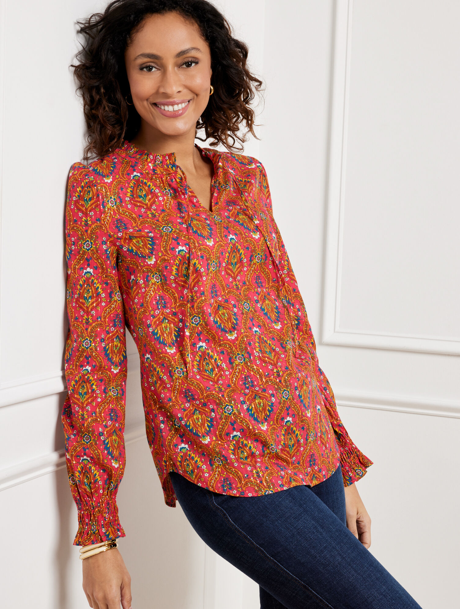 Ruffle Neck Blouse - Floral Lattice