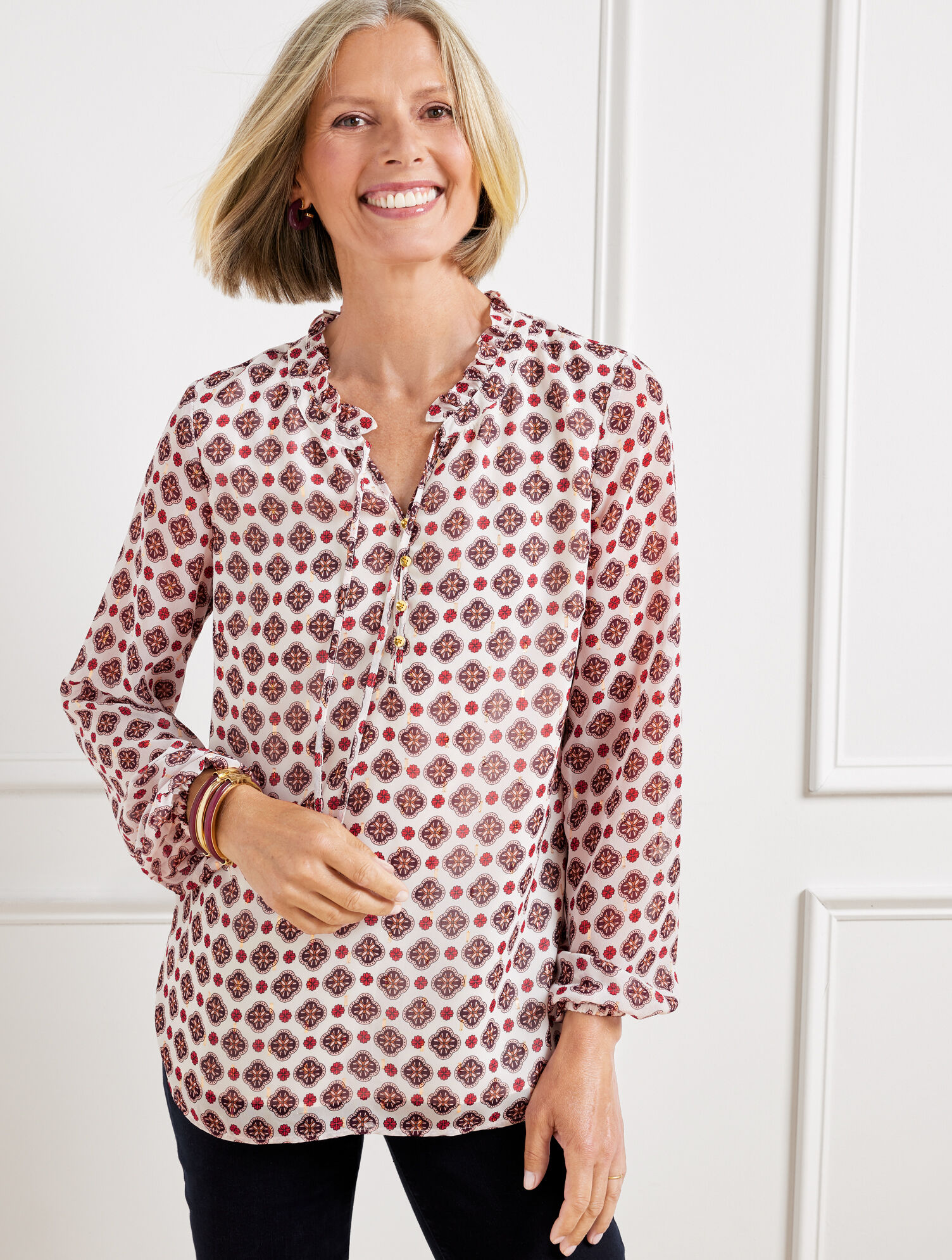 Ruffle Neck Blouse - Ditsy Medallion