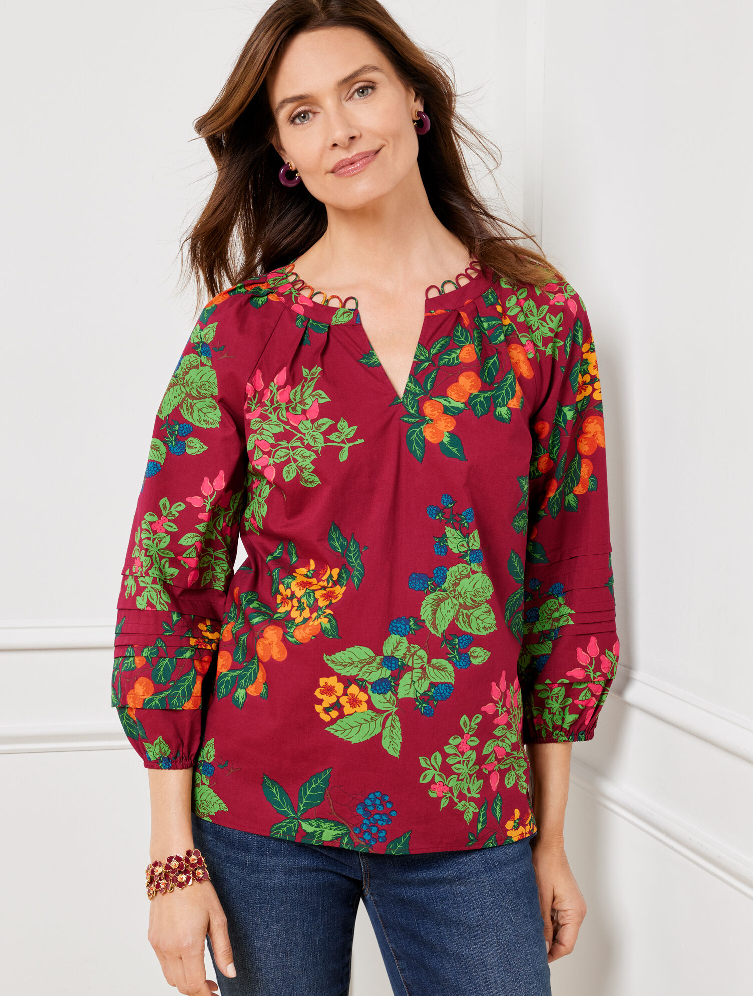 Pleated Sleeve Poplin Top - Fruits &amp; Leaves