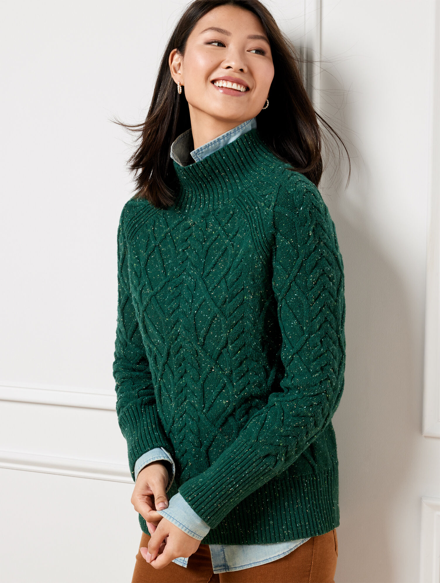 Cable Knit Funnel Neck Sweater - Tweed