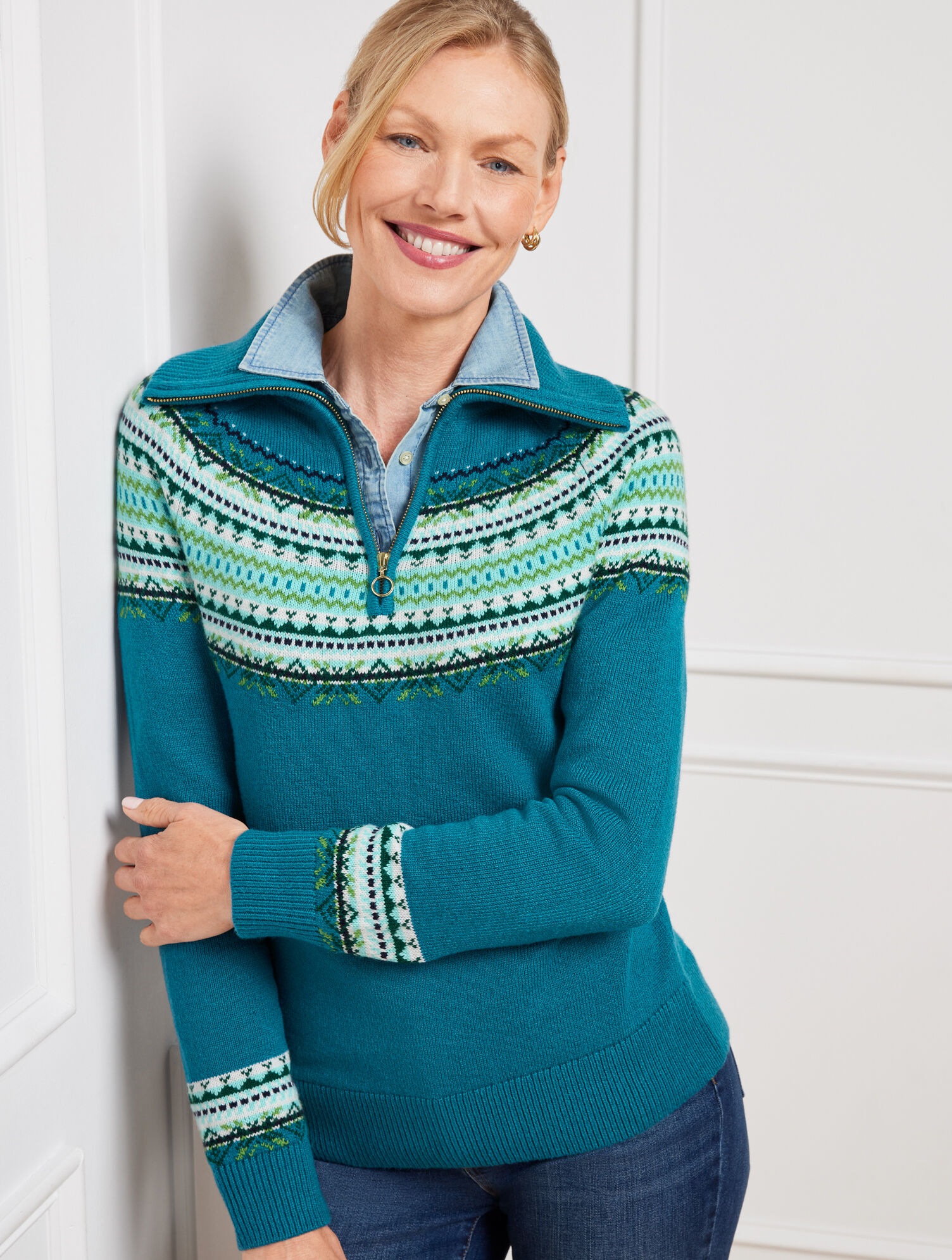 Zip Collar Sweater - Forest Fair Isle