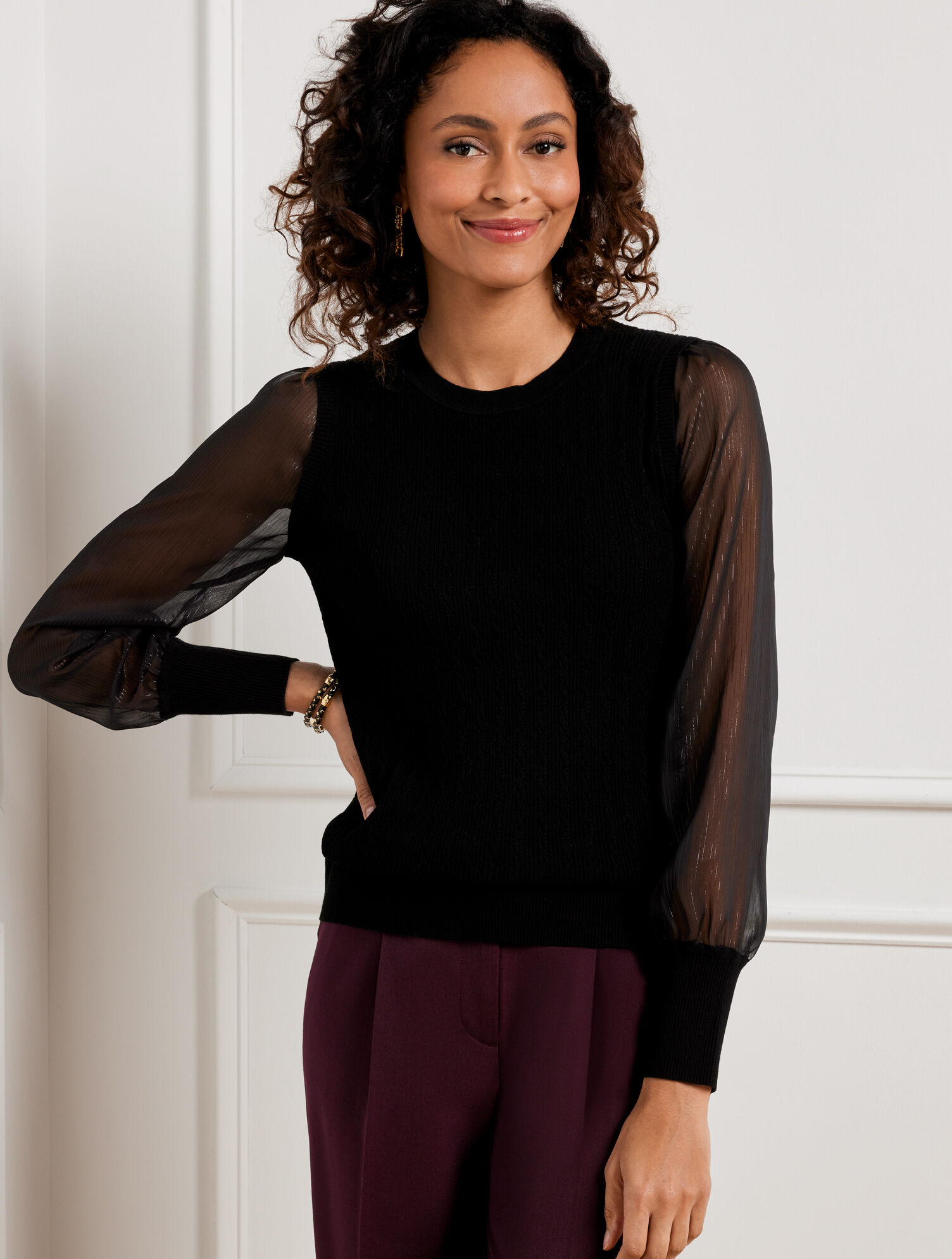 Woven Sleeve Crewneck Pullover