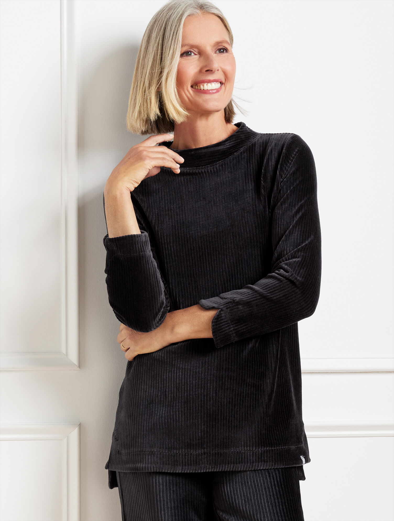 Ribbed Velour Mockneck Pullover