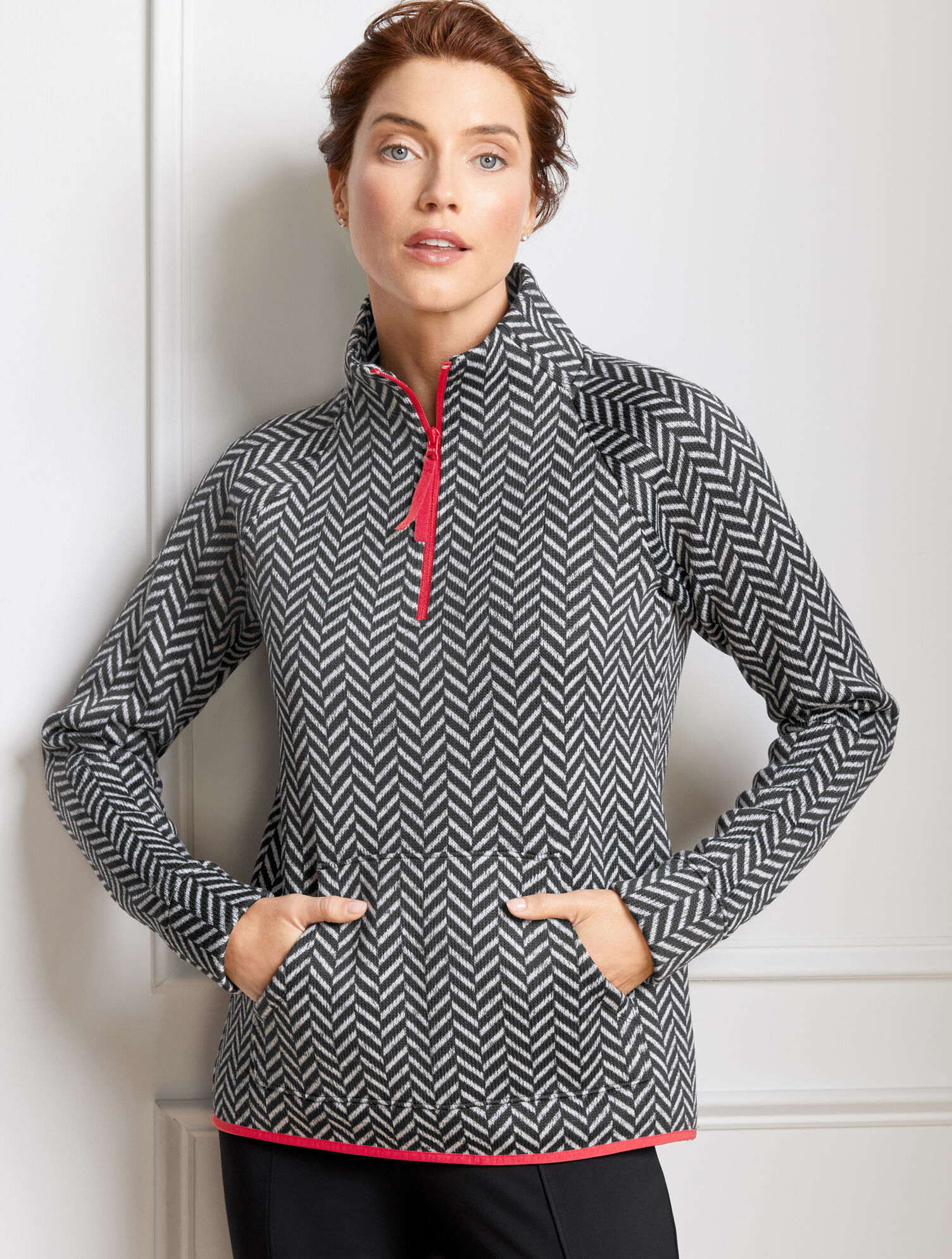 Chevron Elliptical Hem Half-Zip Pullover