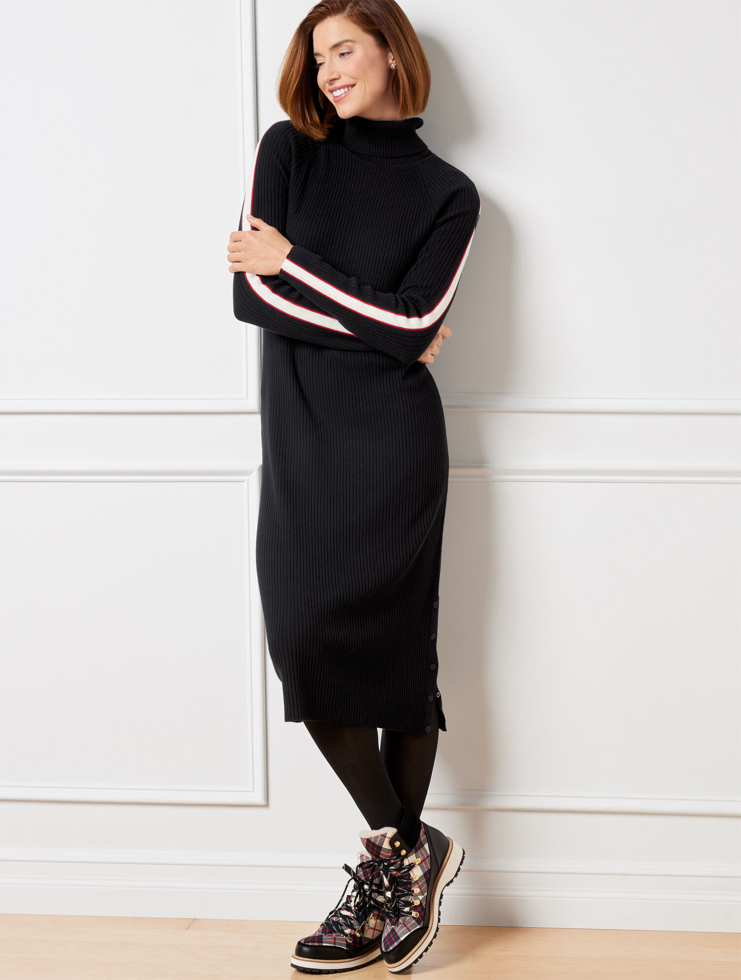 Button Detail Turtleneck Sweater Dress - Racer Stripe