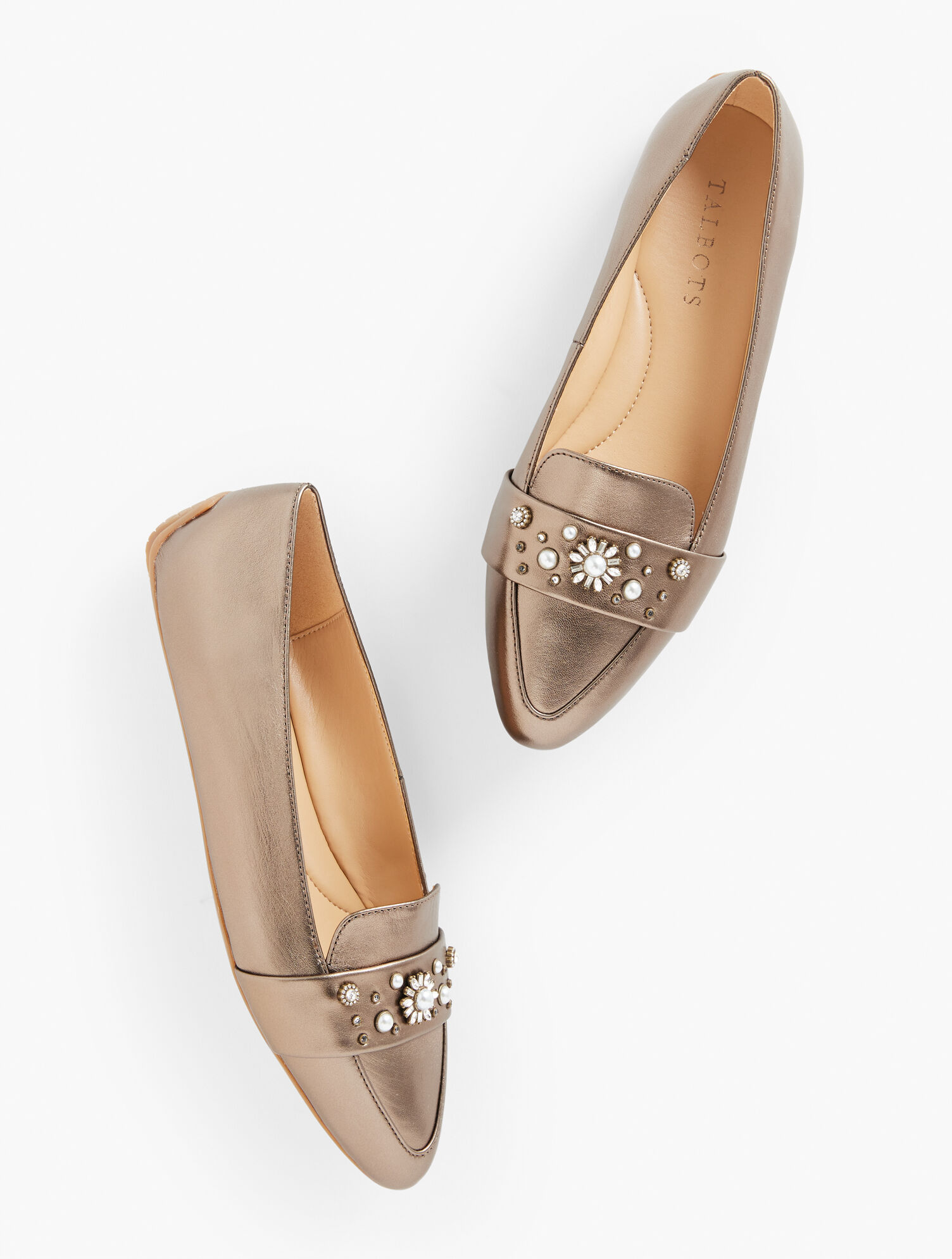 Francesca Rhinestone Leather Driving Flats - Metallic