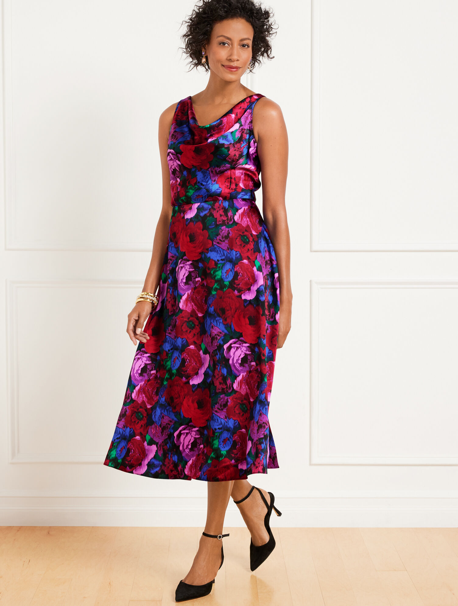 Satin Cowl-Neck Dress - Wrapped Floral
