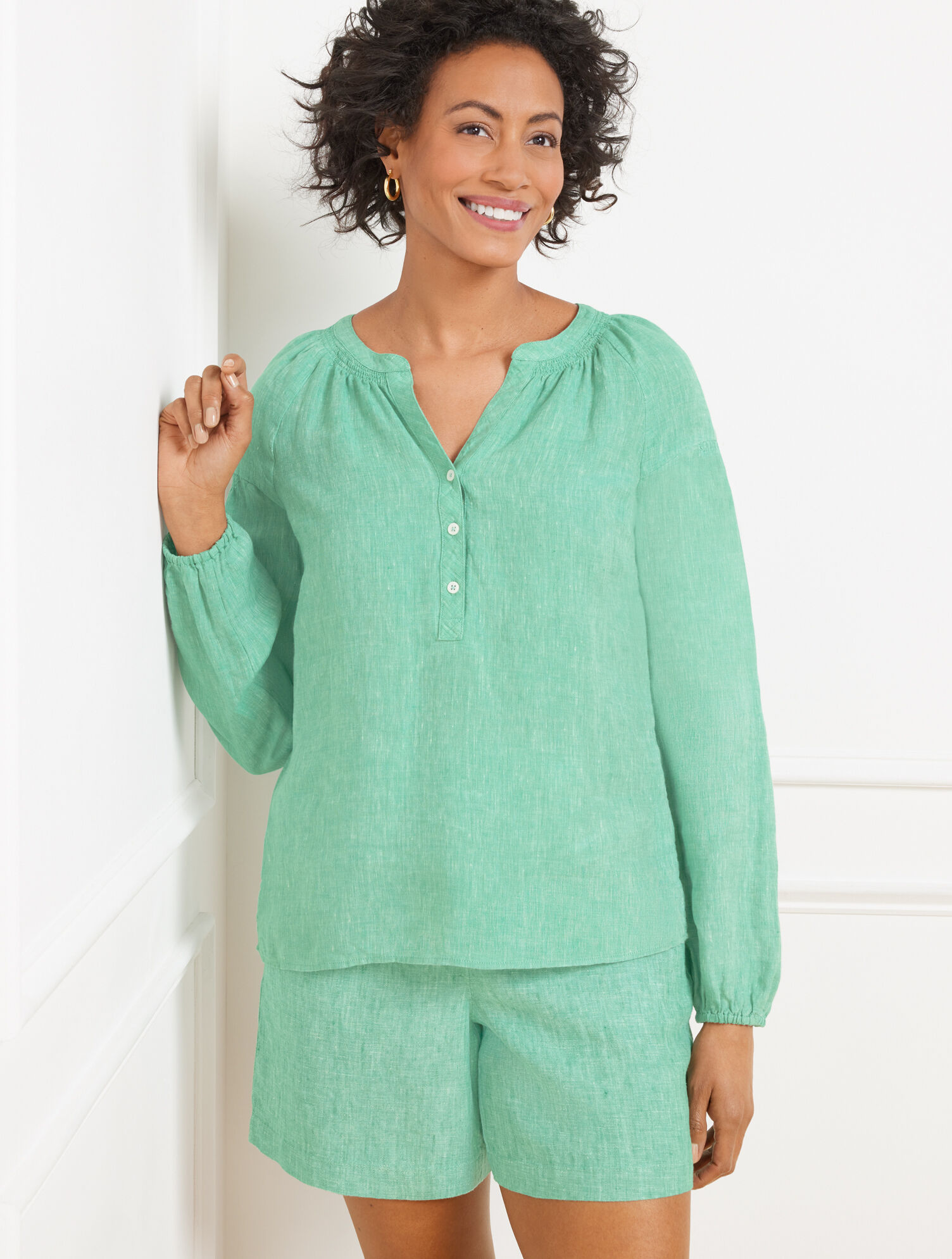 Lantern Sleeve Linen Top - Cross Dyed