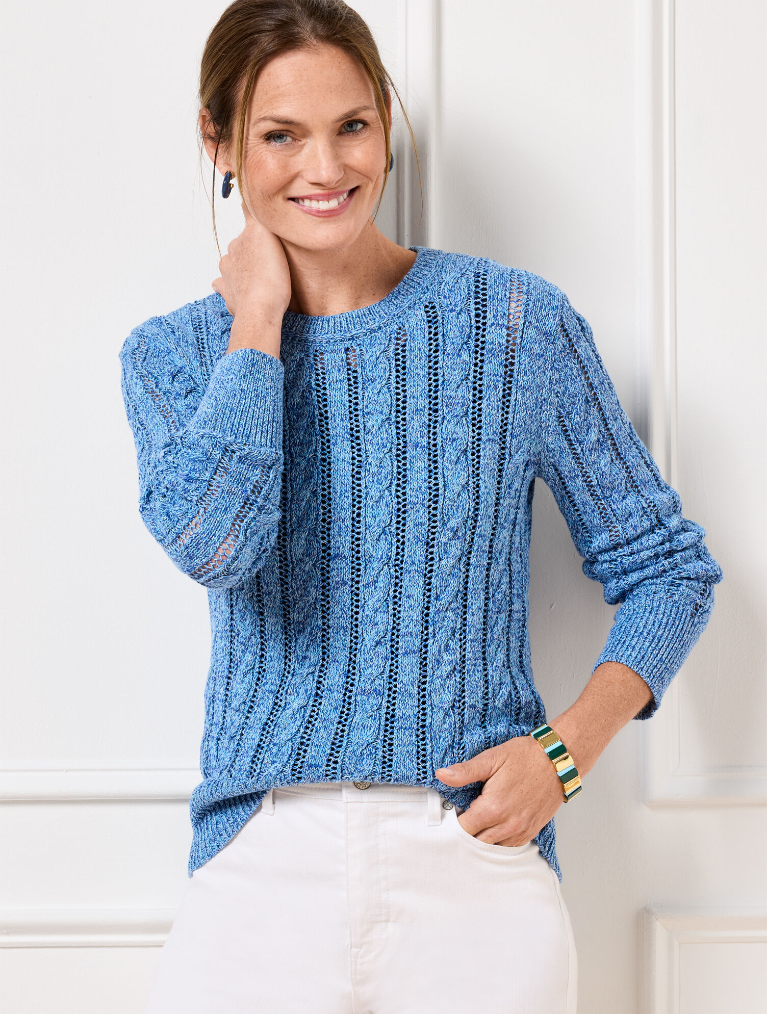 Open Knit Cable Crewneck Sweater - Marl