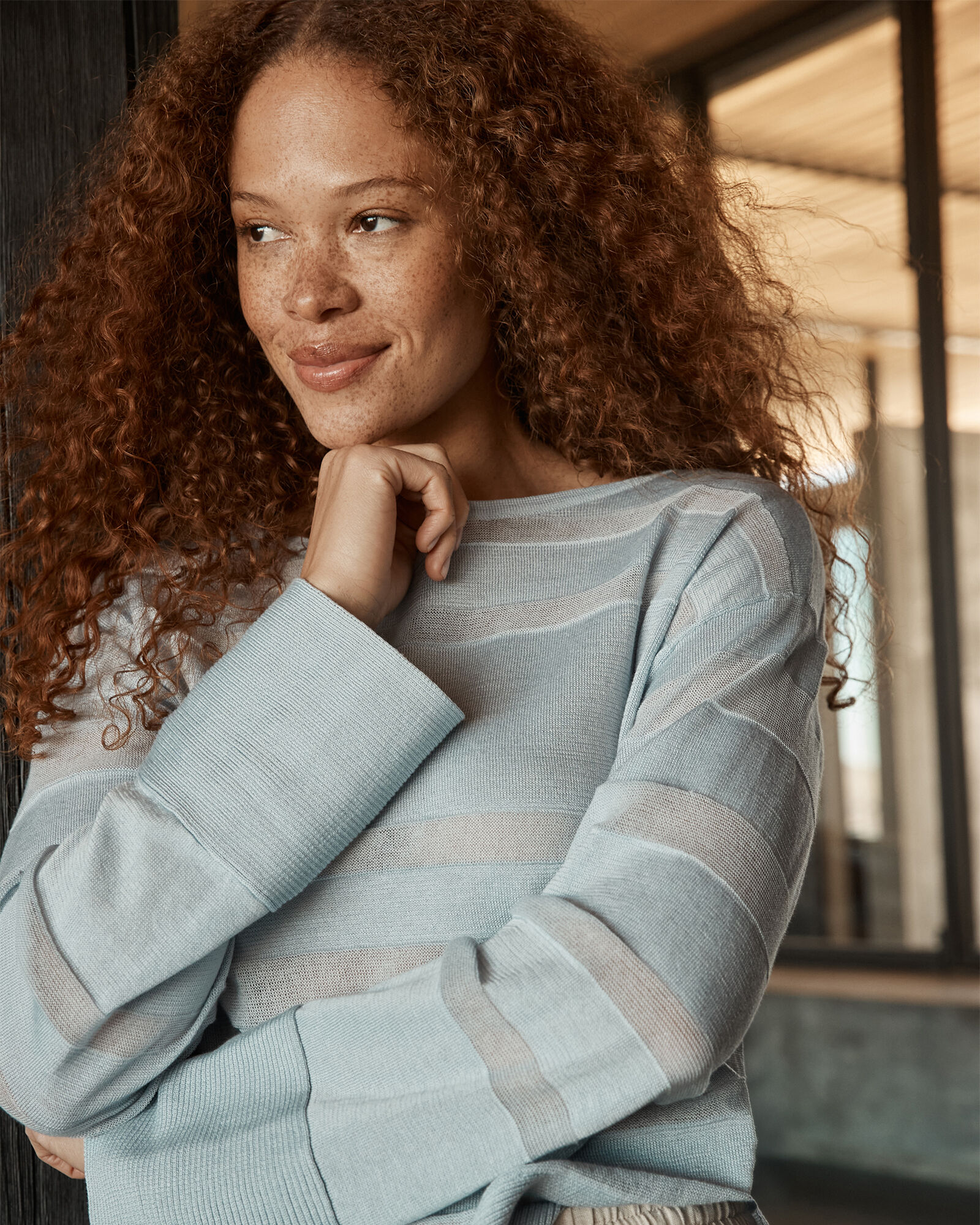 Organic Cotton Sheer Stripe Bateau Neck Sweater