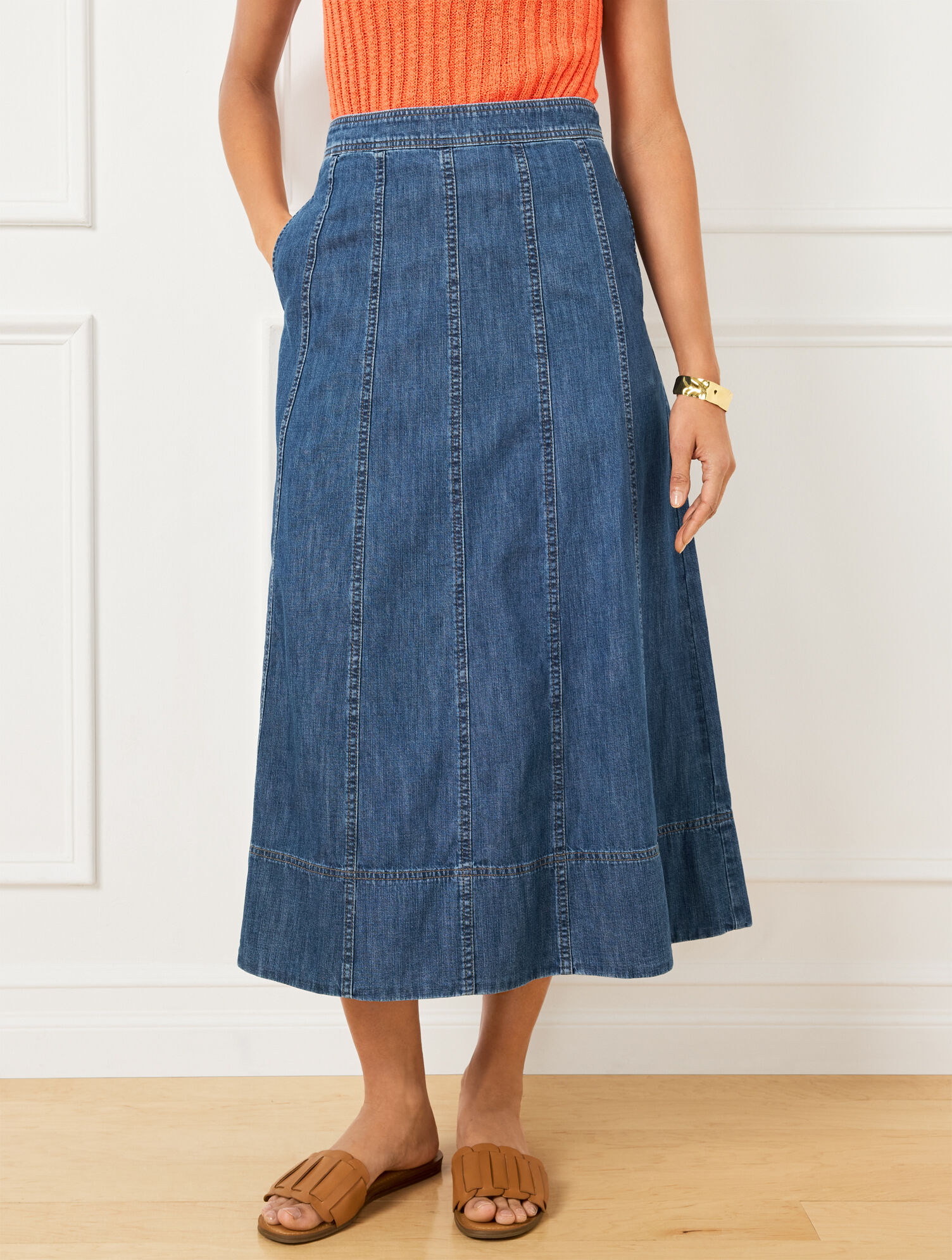 Denim Fit &amp; Flare Midi Skirt
