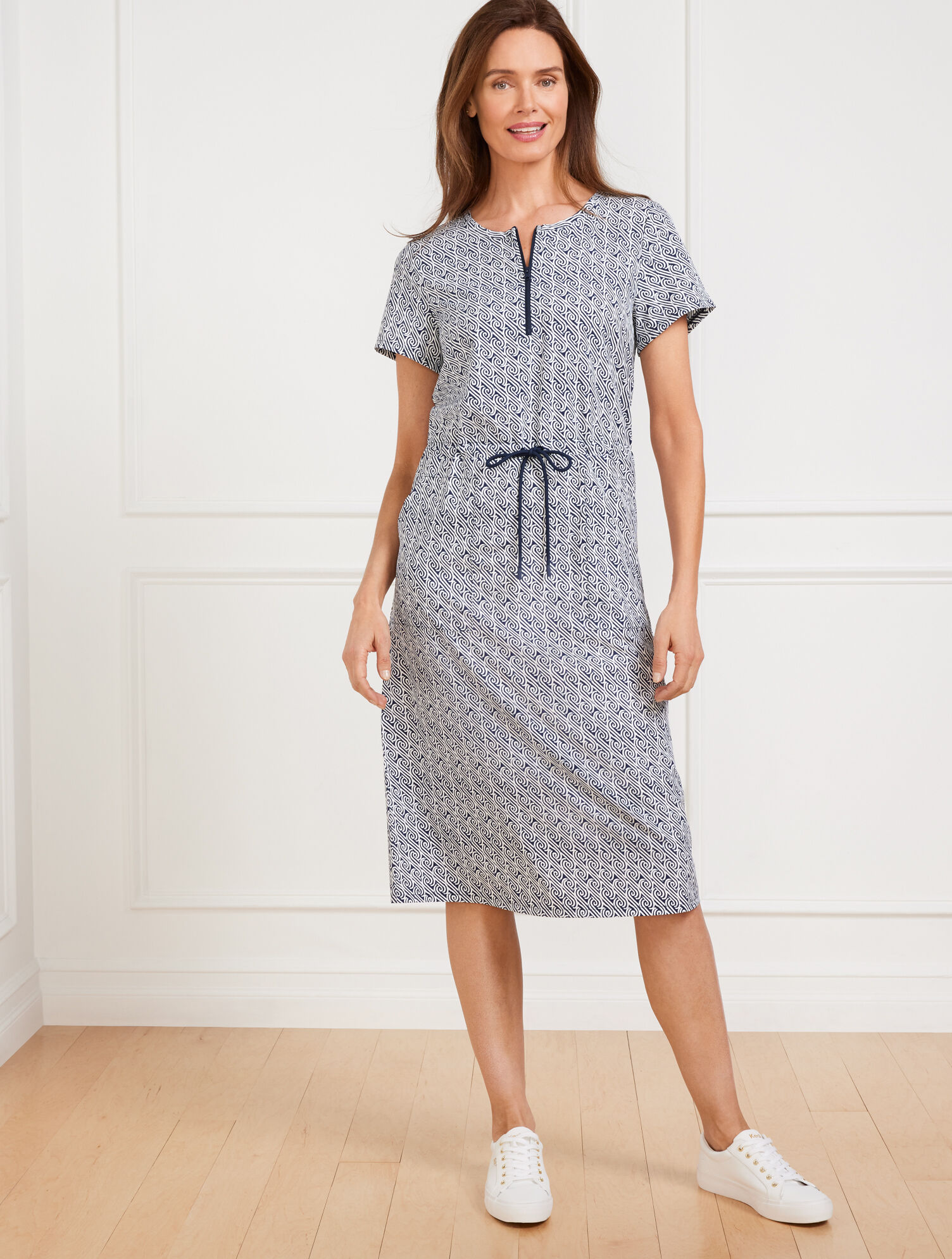 Lightweight Woven Stretch Drawstring Waist Dress - Water Swirls
