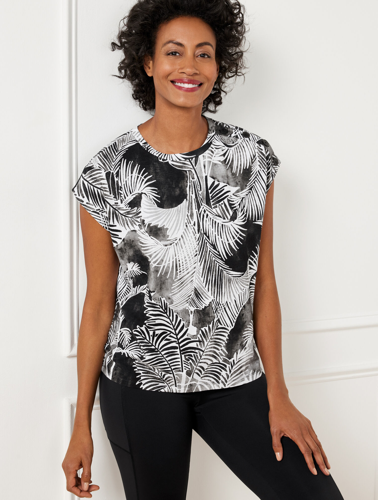 Button Shoulder Cap Sleeve Tee - Breezy Palms