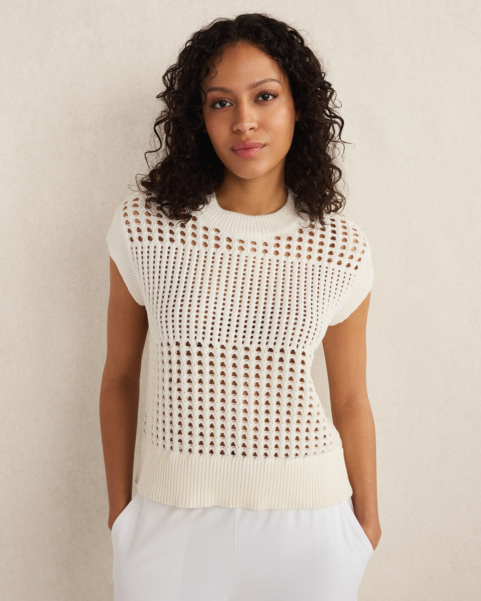 Organic Cotton Open Stitch Short Sleeve Sweater