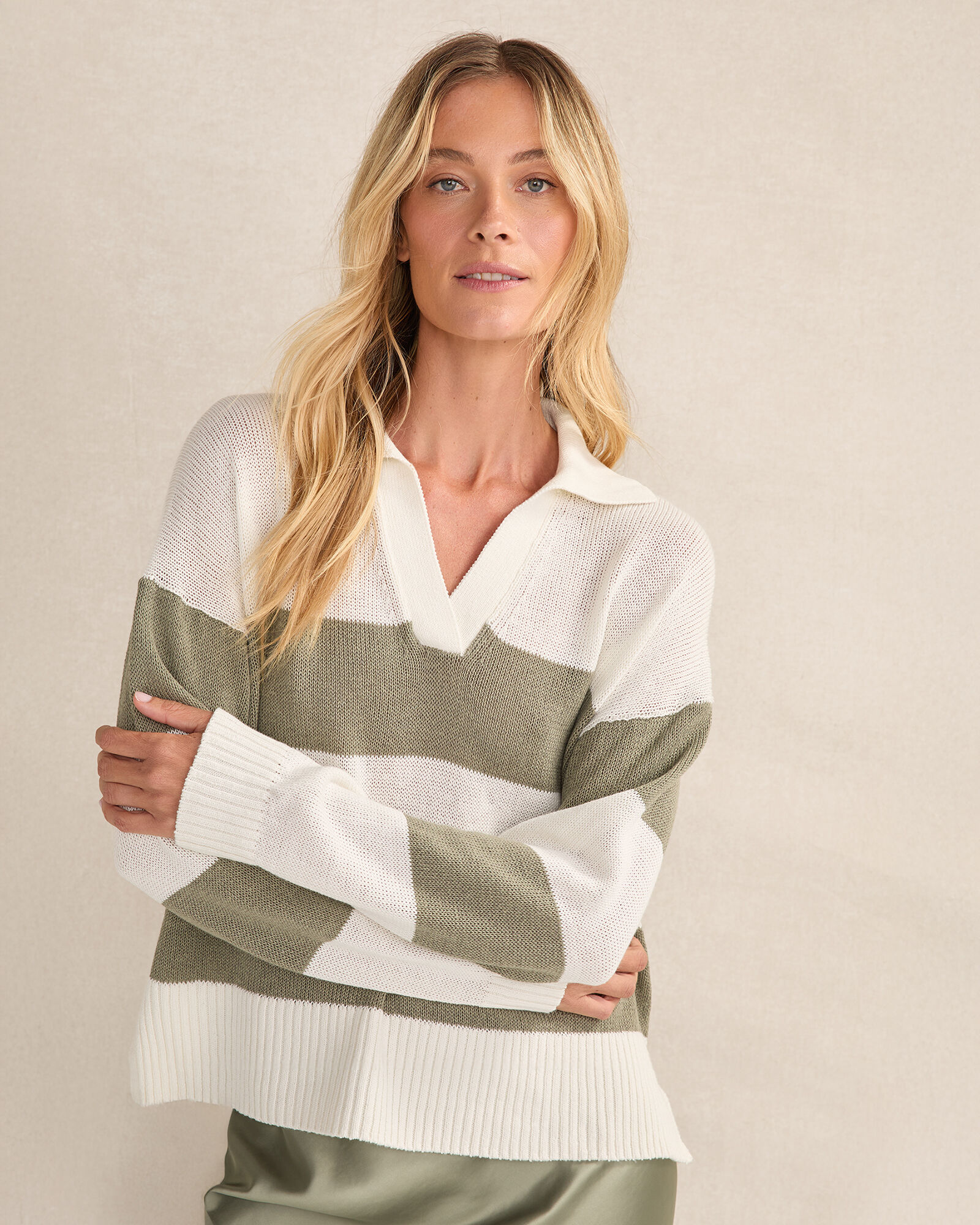 Organic Cotton Linen Stripe Johnny Collar Sweater