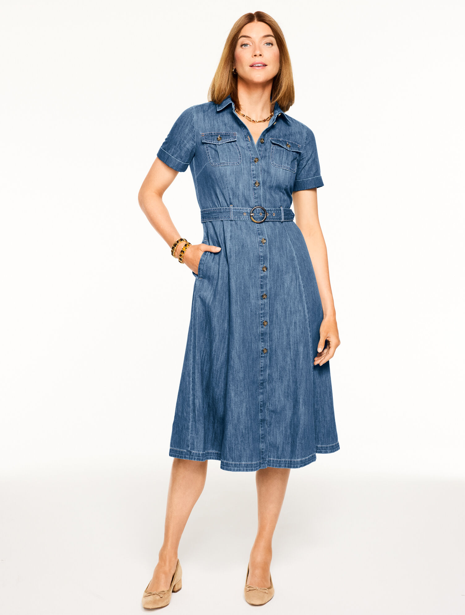 Denim Fit &amp; Flare Midi Shirtdress
