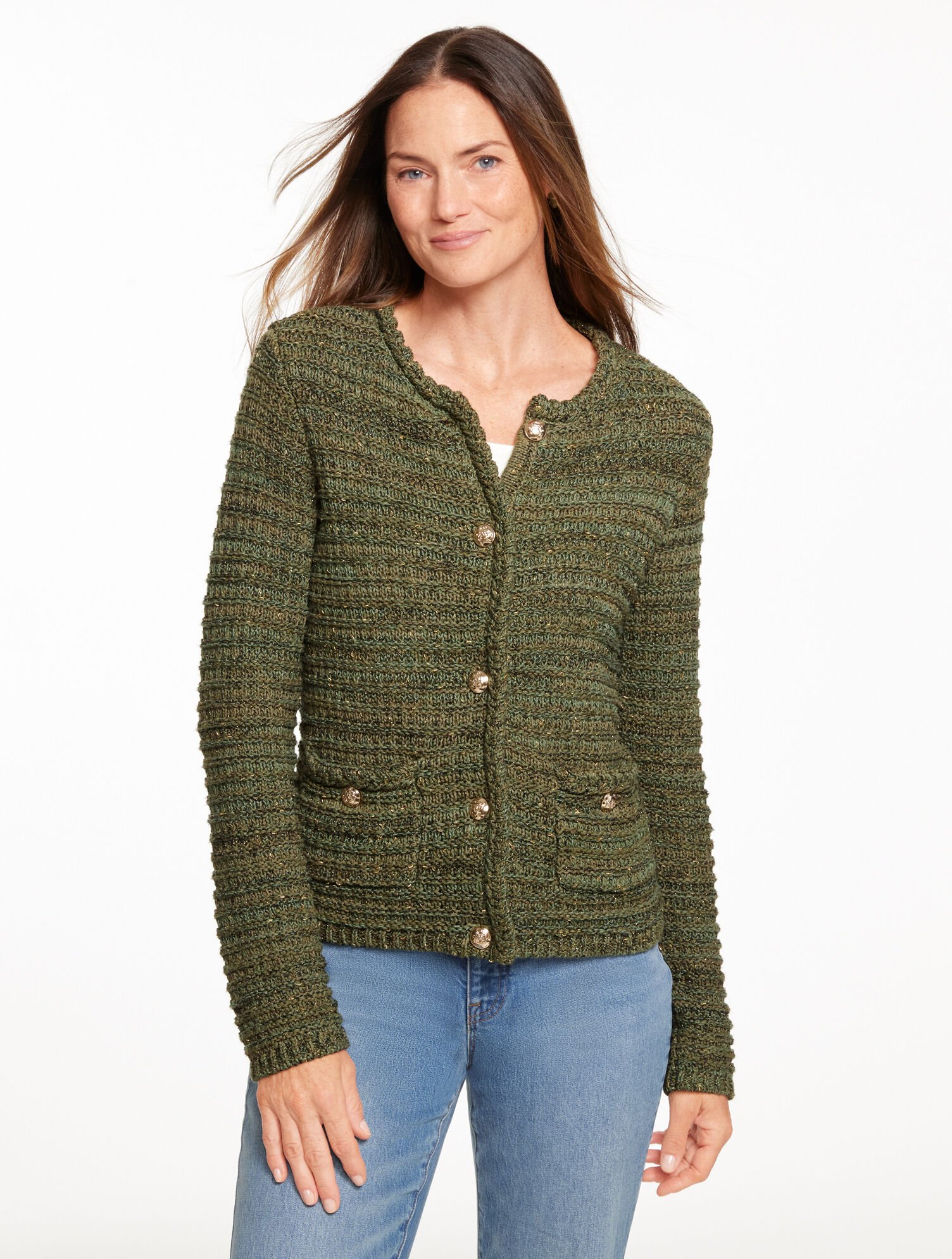 Tuck Stitch Crewneck Cardigan Talbots