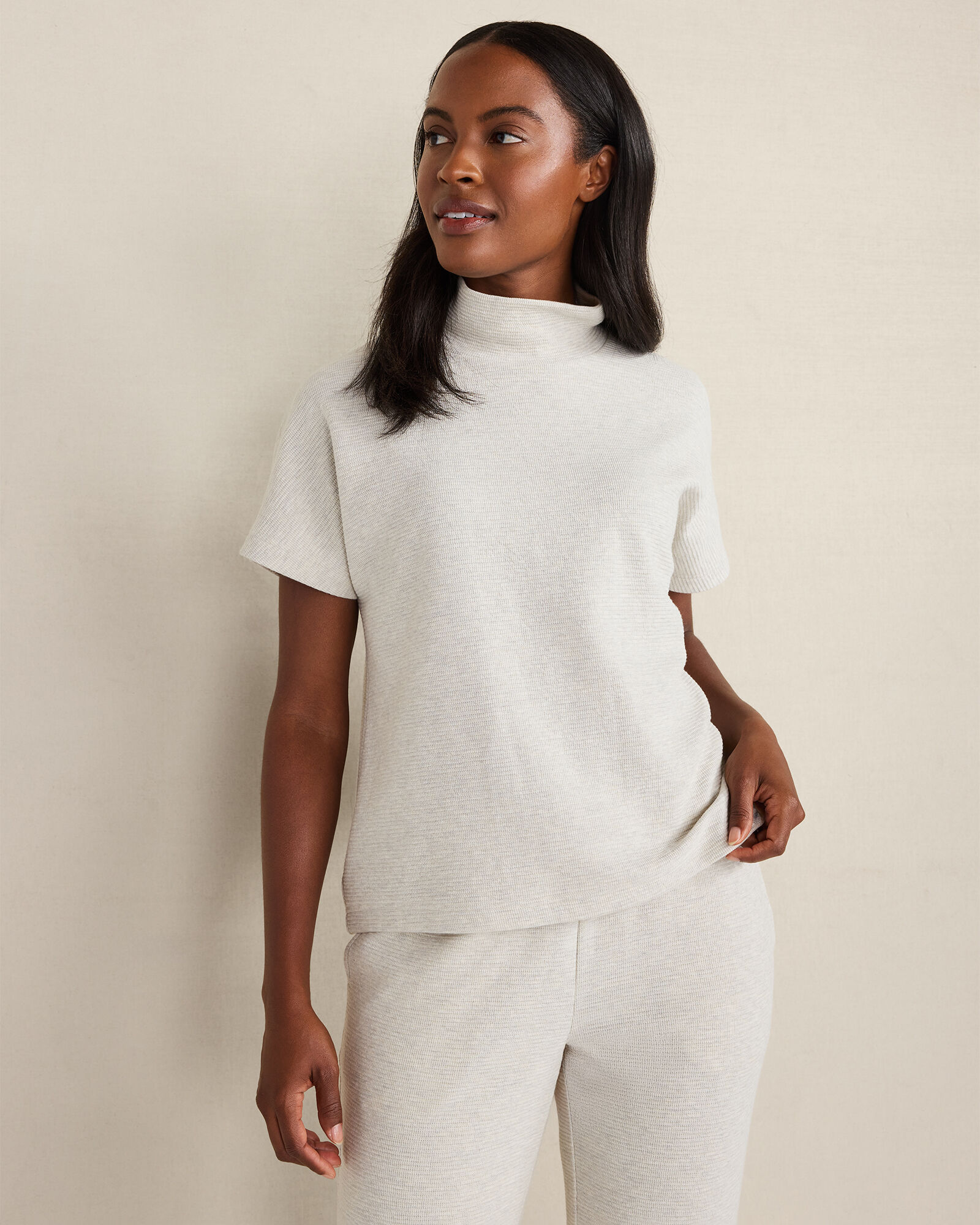 Cotton Blend Ottoman Rib Mock Neck Top