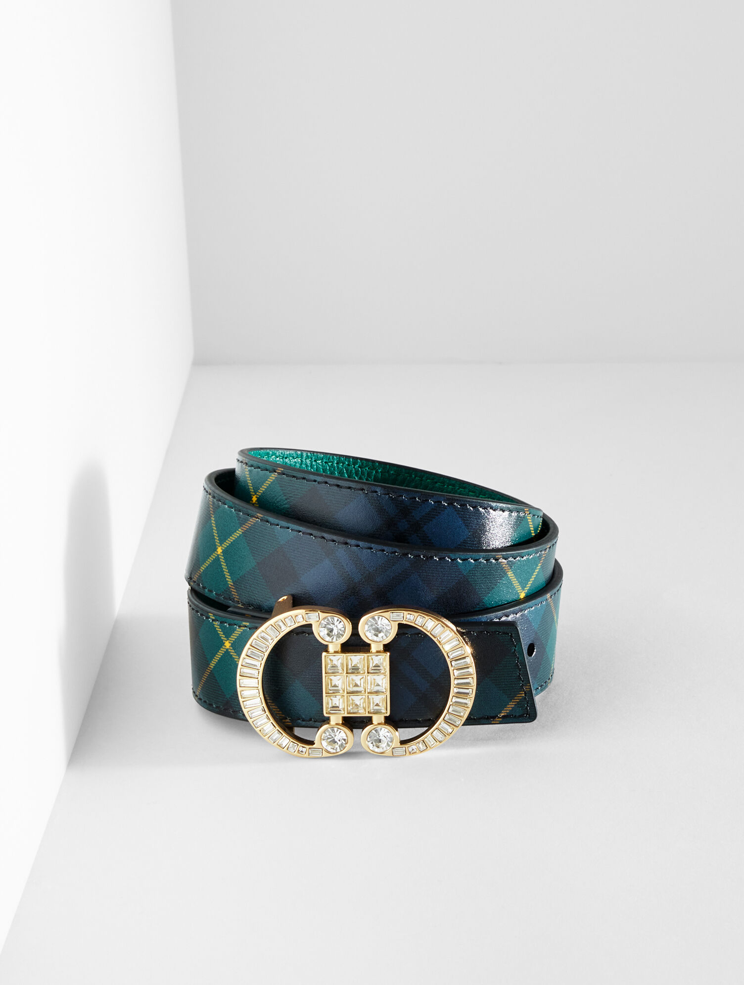 Crystal Embellished Reversible Pebble Leather Belt
