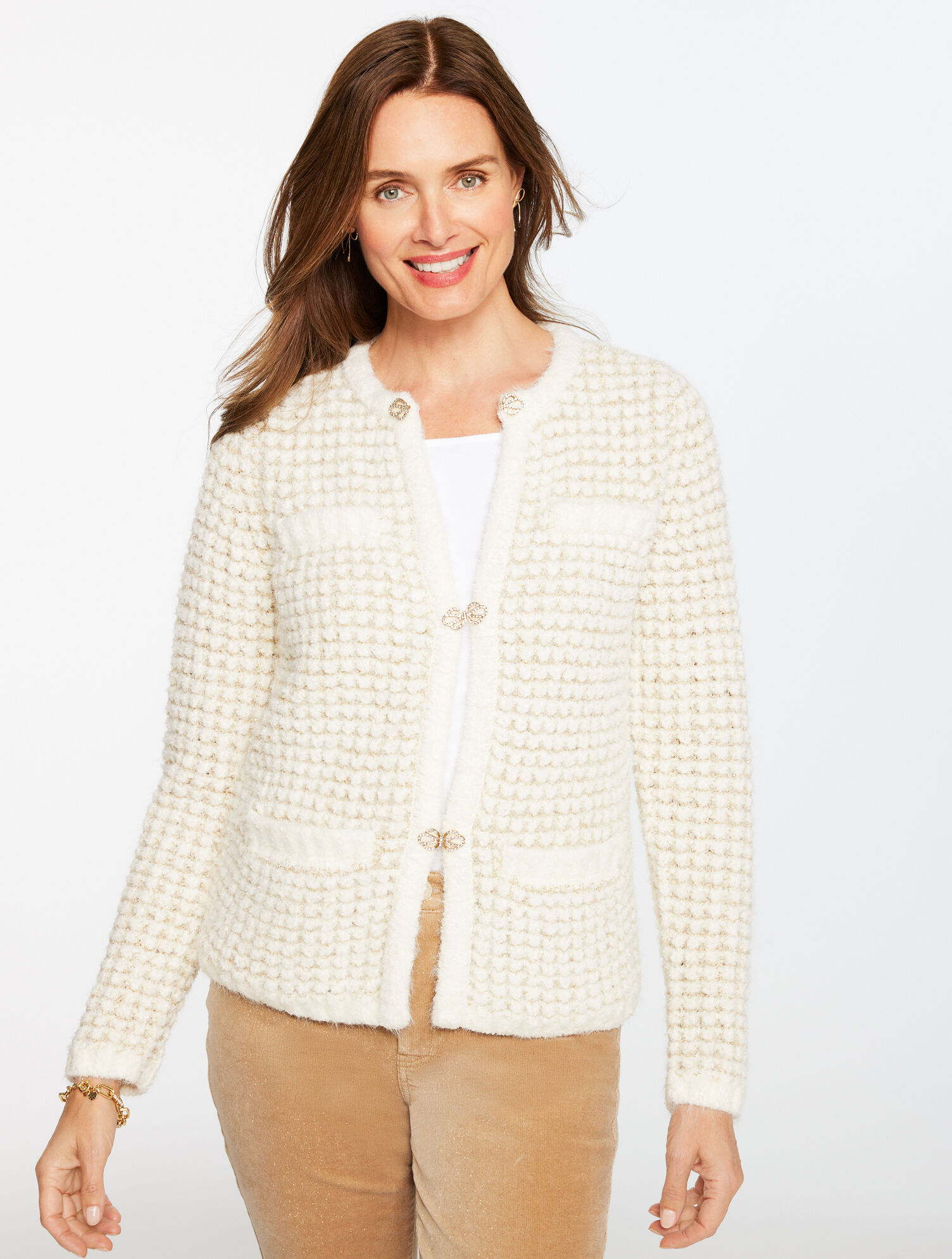 Textured Metallic Crewneck Cardigan