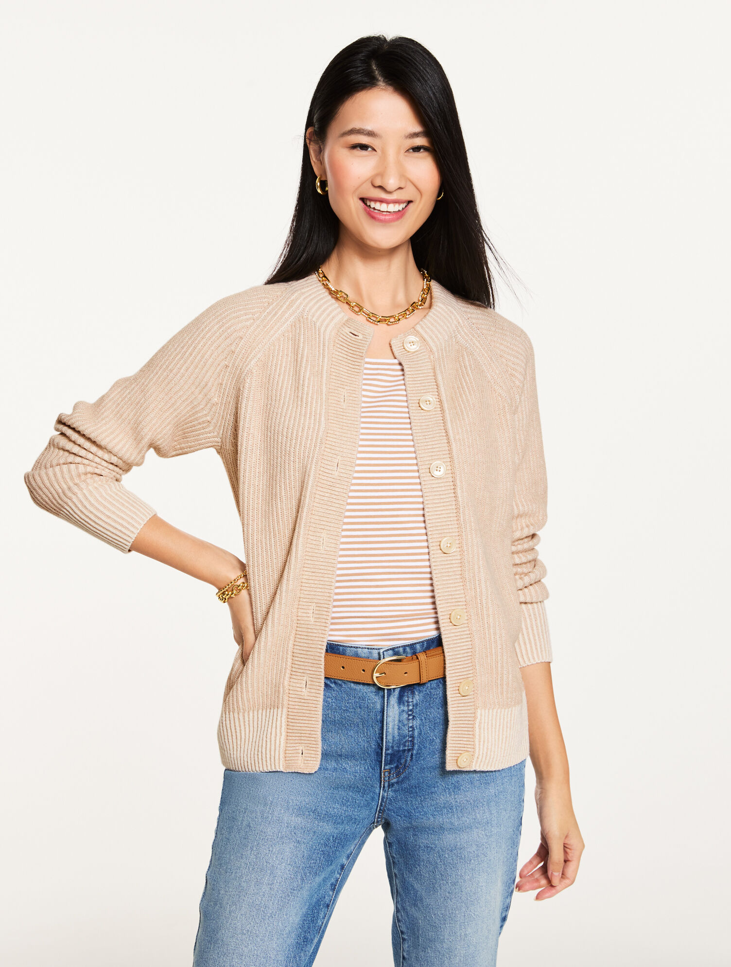 Shaker Stitch Crewneck Cardigan