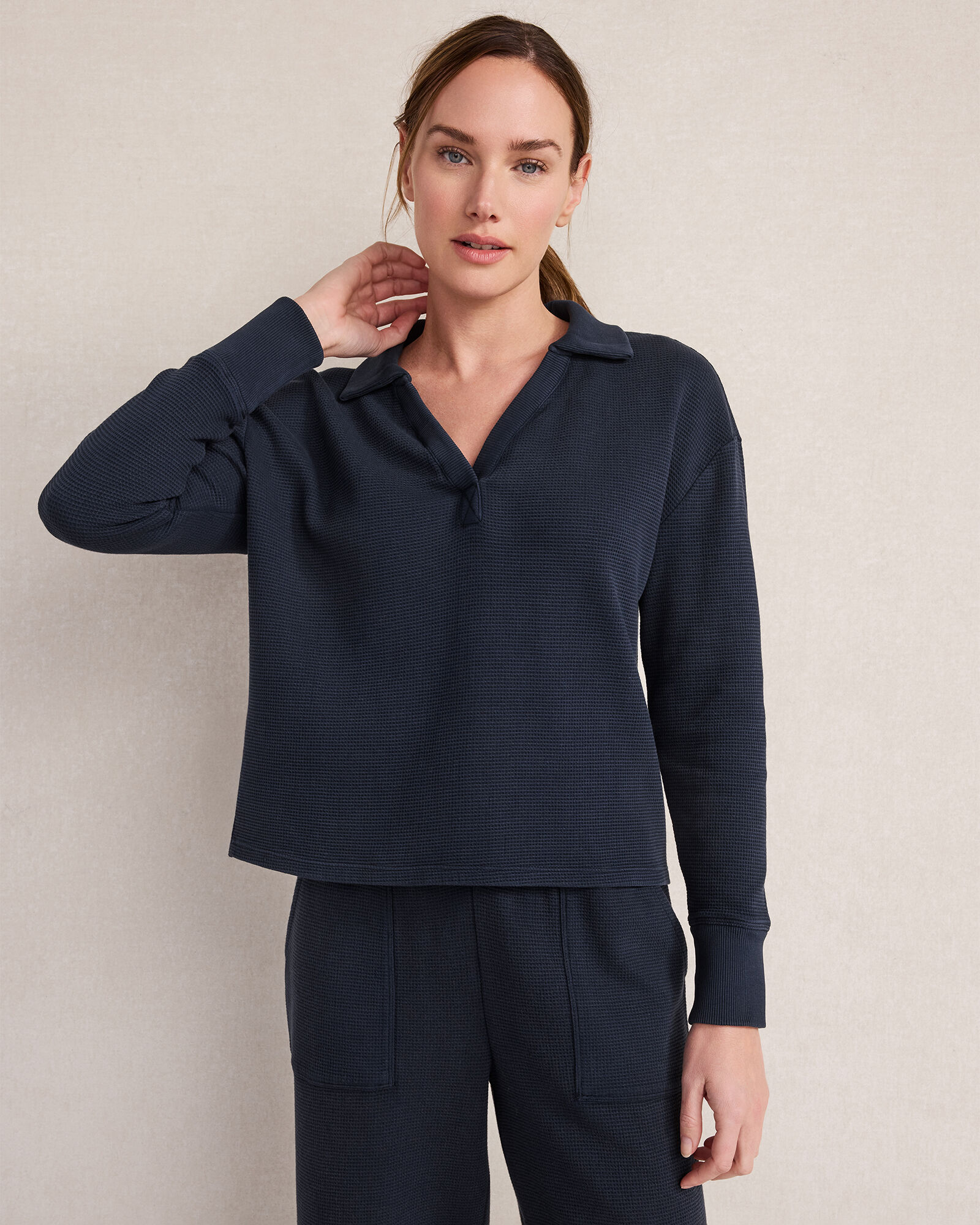 Organic Cotton Waffle Johnny Collar Top