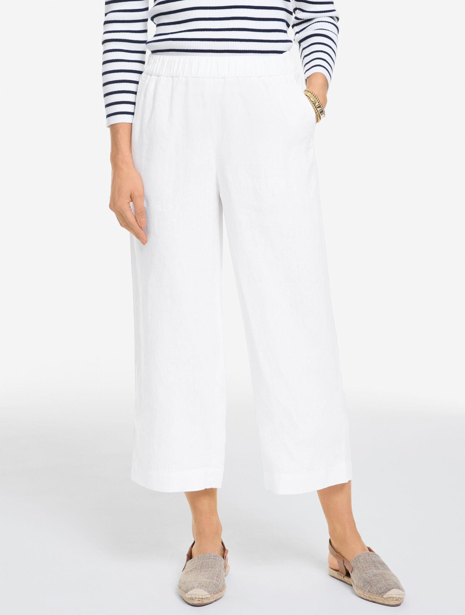 Washed Linen Wide Crop Pull-On Pants - White