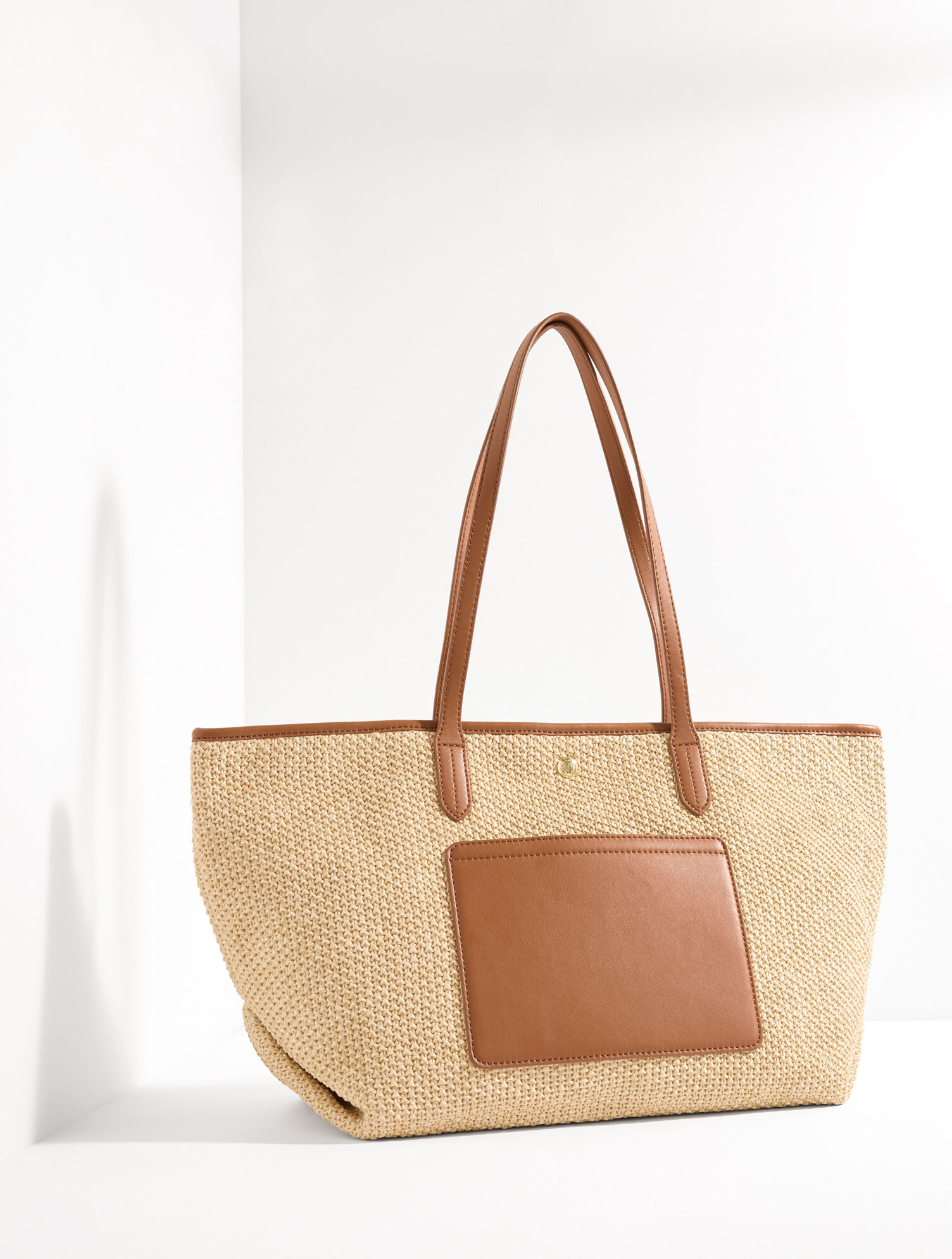 Leather Trim Straw Tote