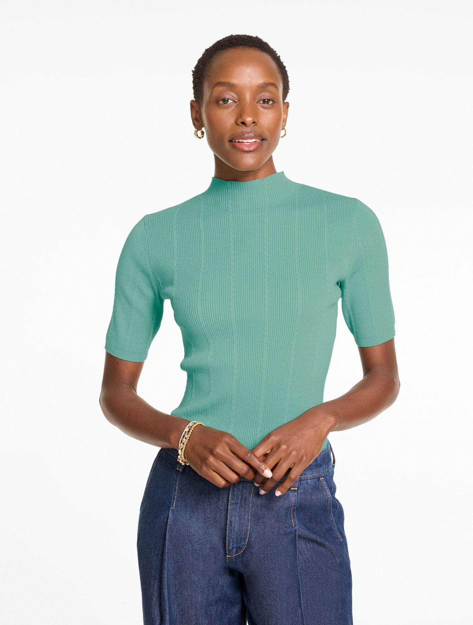 Ribbed Elbow Sleeve Mockneck Pullover