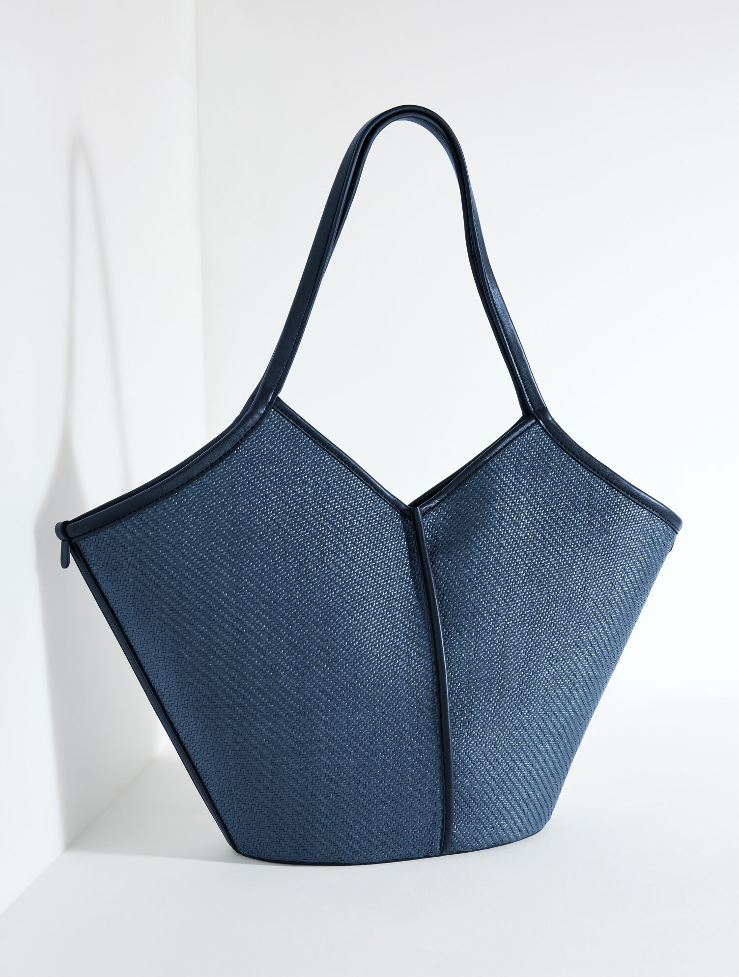 Essential Diamond Straw Tote with Leather Trim