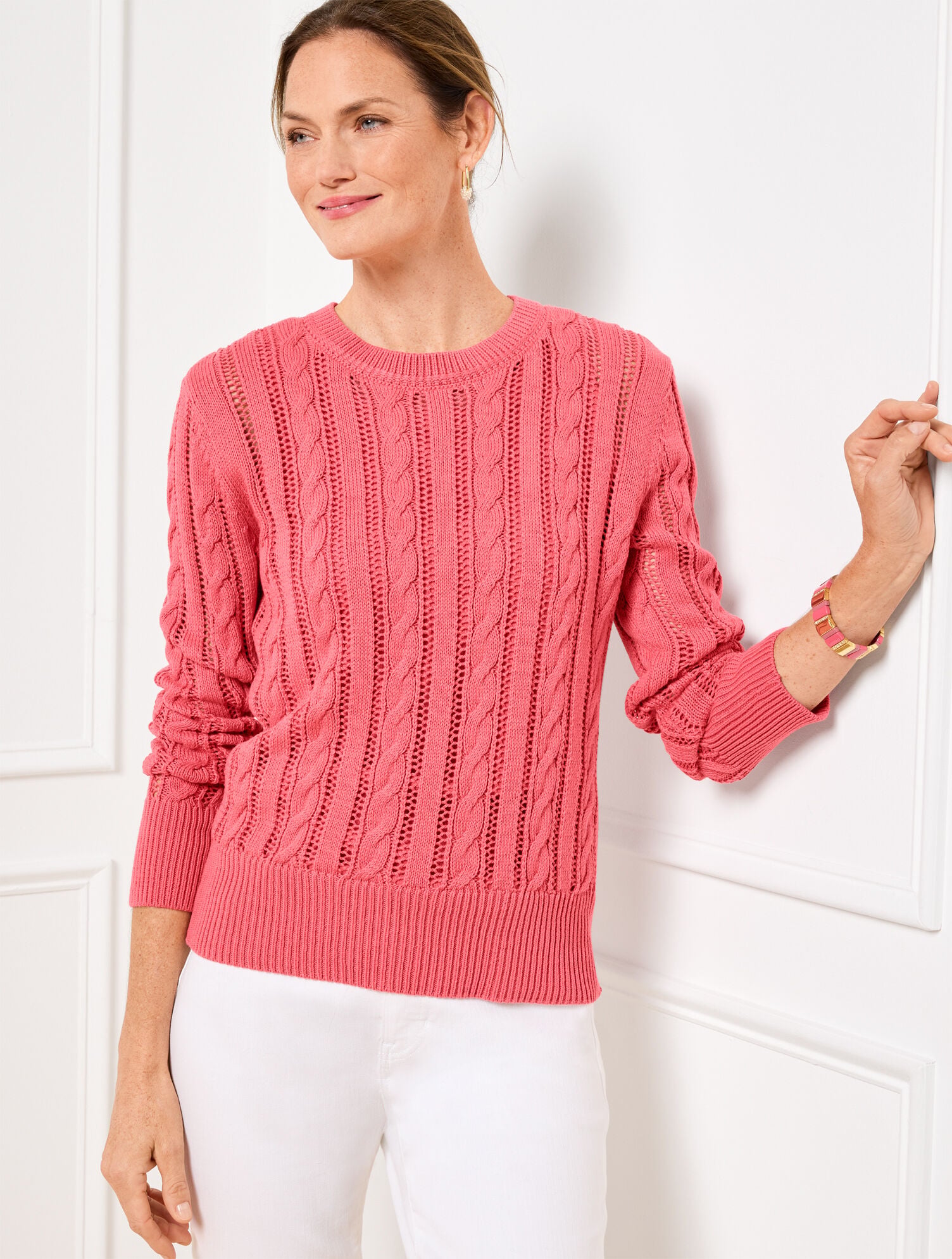 Open Knit Cable Crewneck Sweater