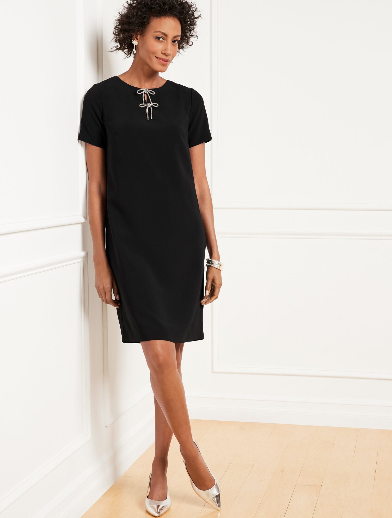 Women's Petite - Embellished Bow Crepe A-Line Dress - Black - 2 Talbots