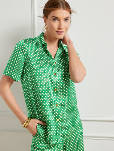 Satin Button Front Shirt - Intricate Dots