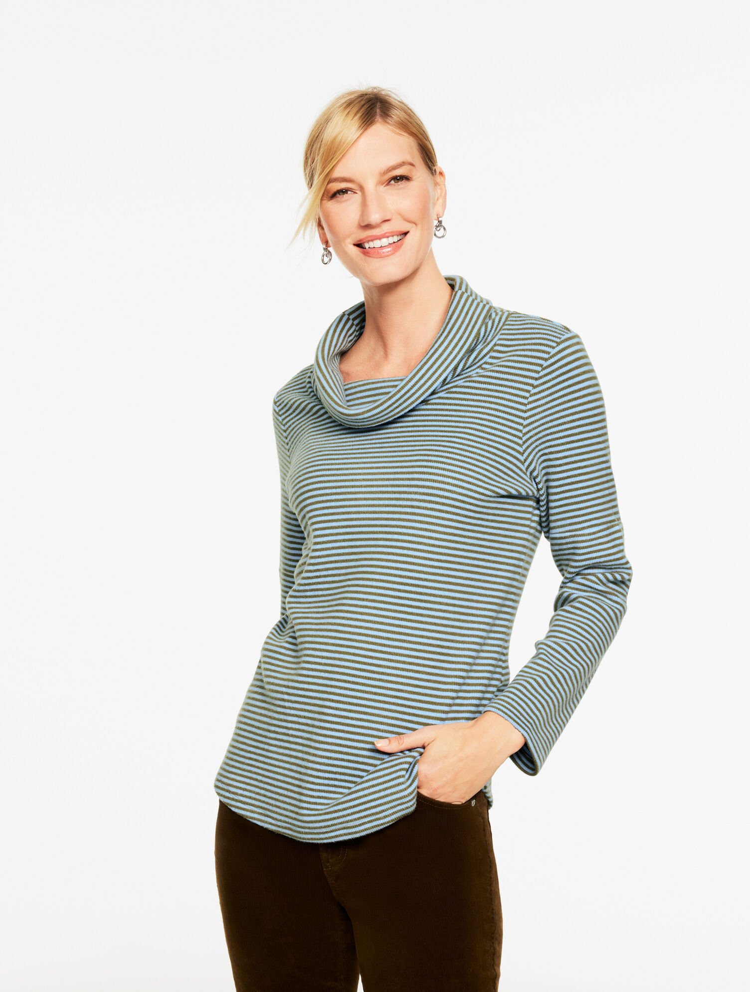 Cowl-Neck Waffle Knit Pullover - Stripe