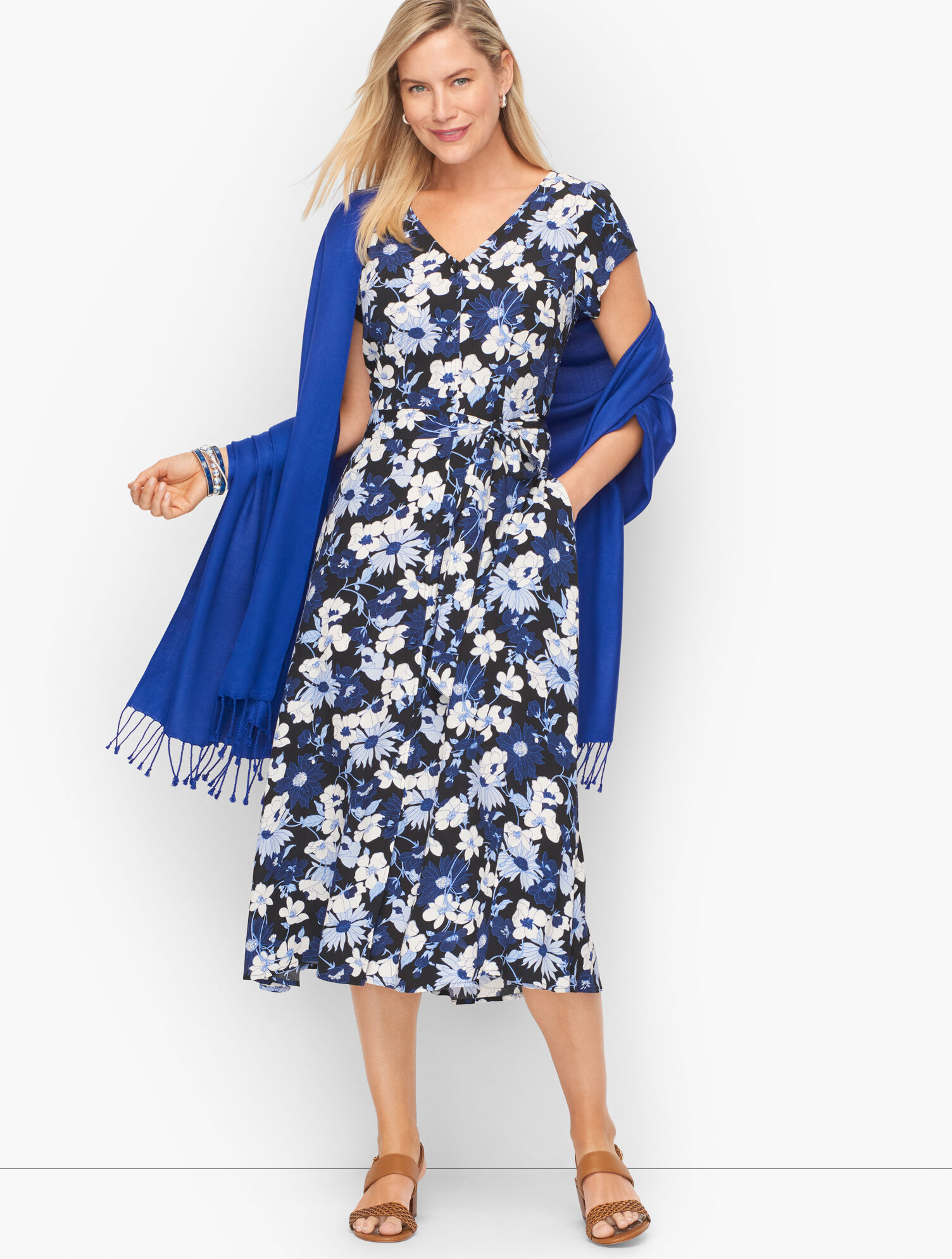 knee length dresses for ladies Floral Belted Midi Dress Multi / Large
