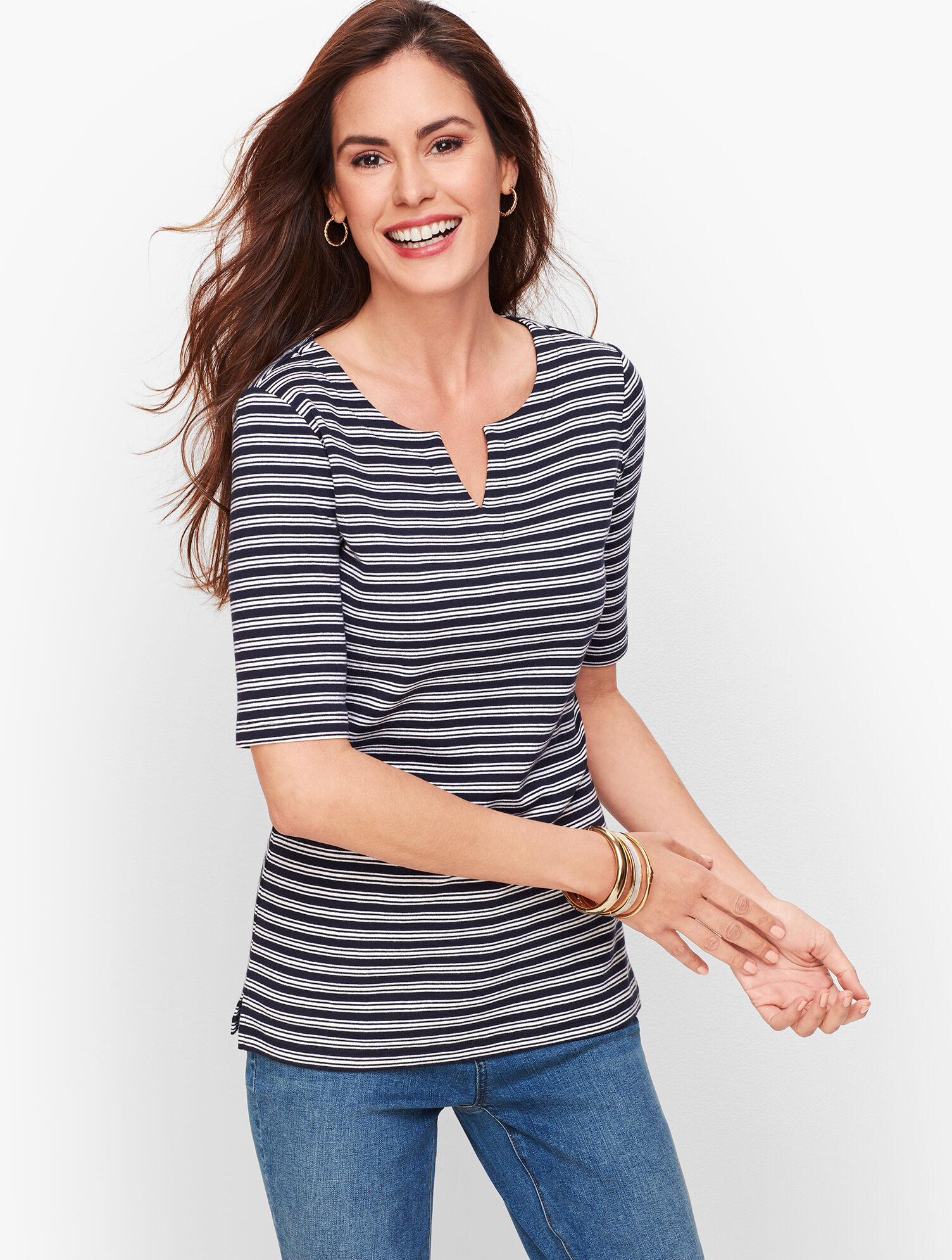 Cotton Split Neck Tee - Danbury Stripe