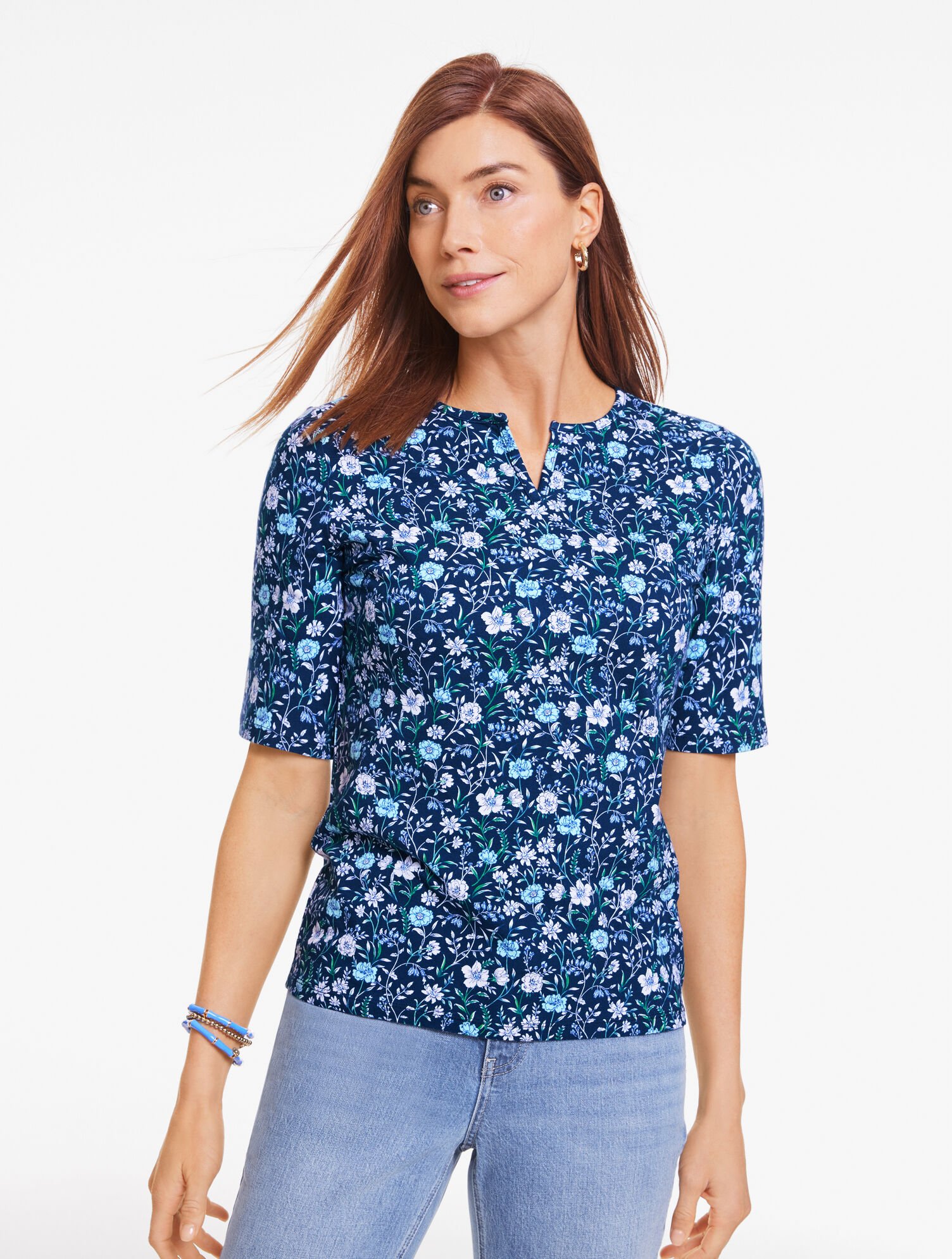 Elbow Sleeve Split Neck Tee - Dainty Ditsy