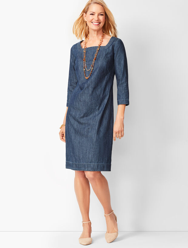 Square-Neck Denim Shift Dress