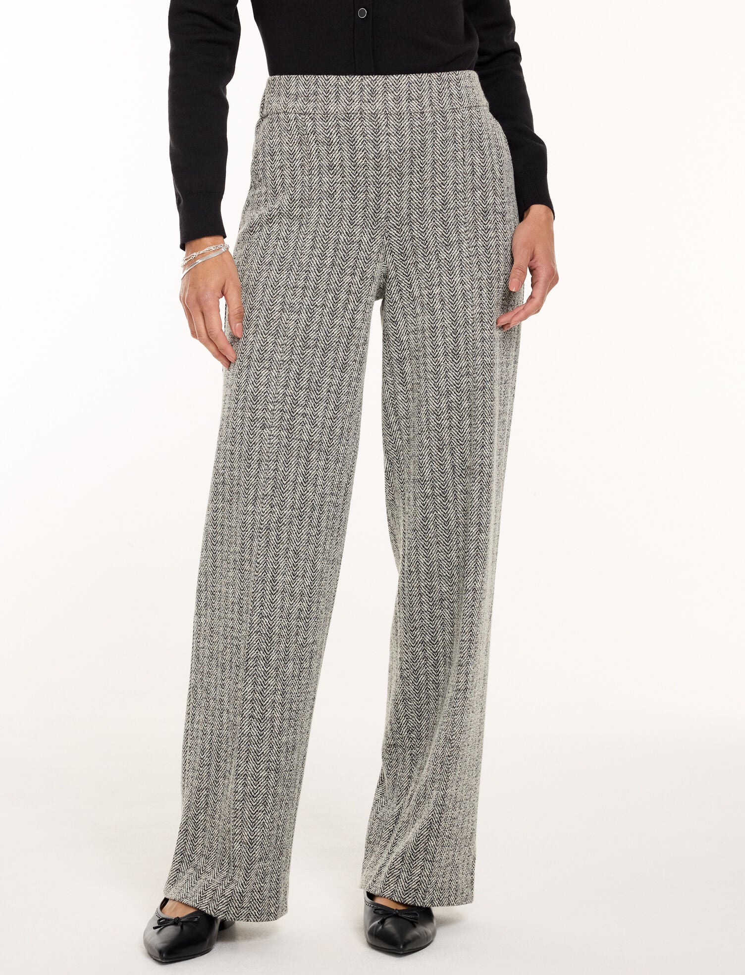Wide Leg Pull-On Pants - Herringbone Jacquard